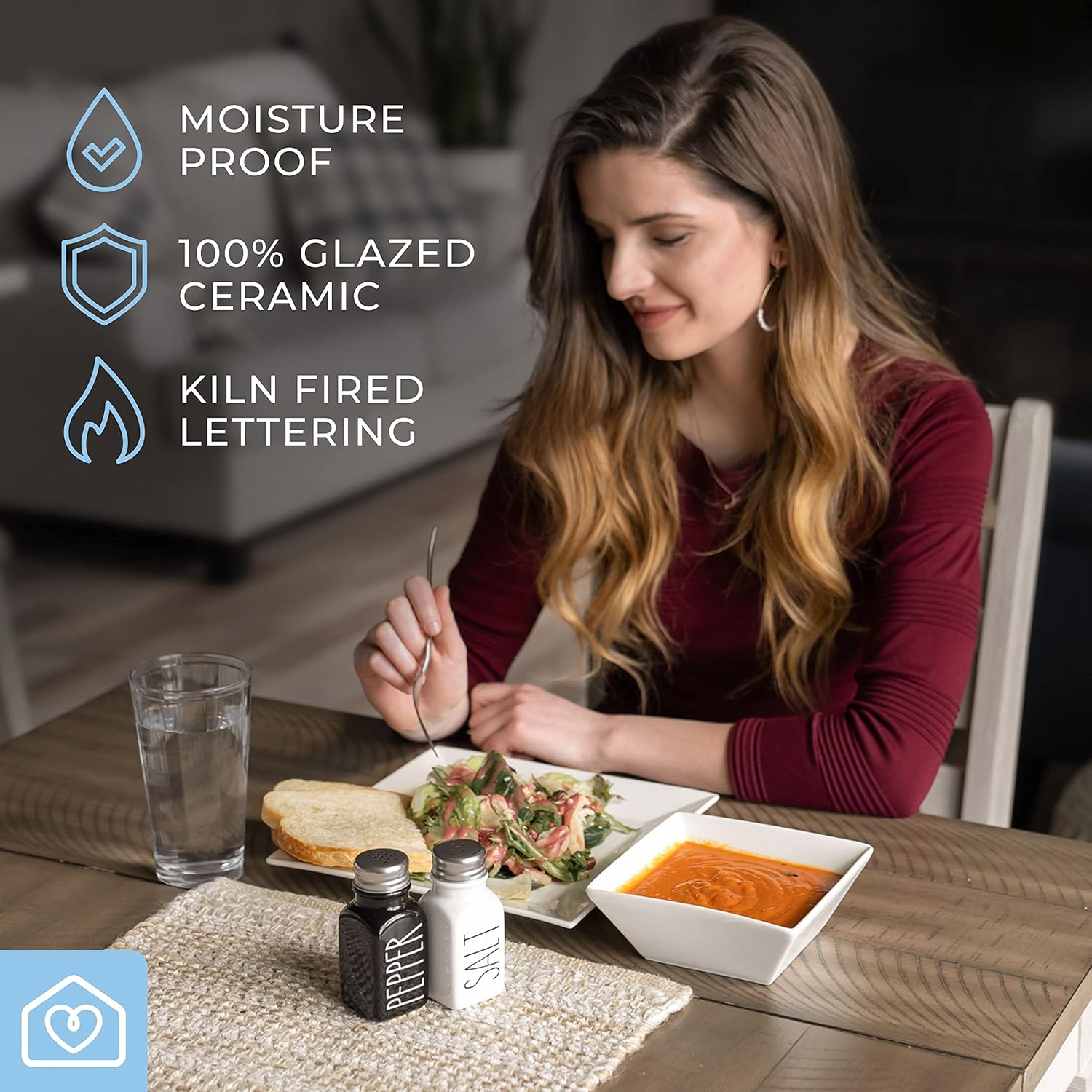 Heartland Home Farmhouse Ceramic Salt and Pepper Shakers Set with Extra Lids. 100% Stoneware Salt and Pepper Shaker Set. Black Pepper and White Salt Shaker with Lid X4. Kitchen Salt Pepper Shakers image number 3