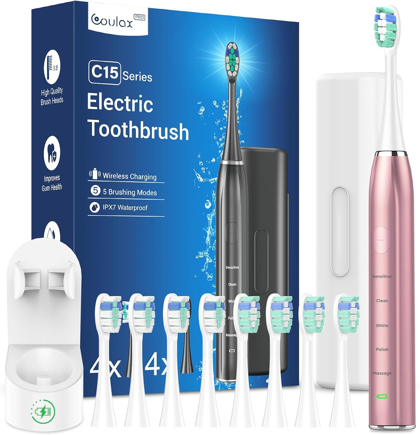 Sonic Electric Toothbrush Sonic Toothbrush - COULAX Travel Toothbrushes Electric Sonic Toothbrush, Shcall Electric Toothbrush with 8 Heads, 5 Modes, Timer, Rose Gold image number 4