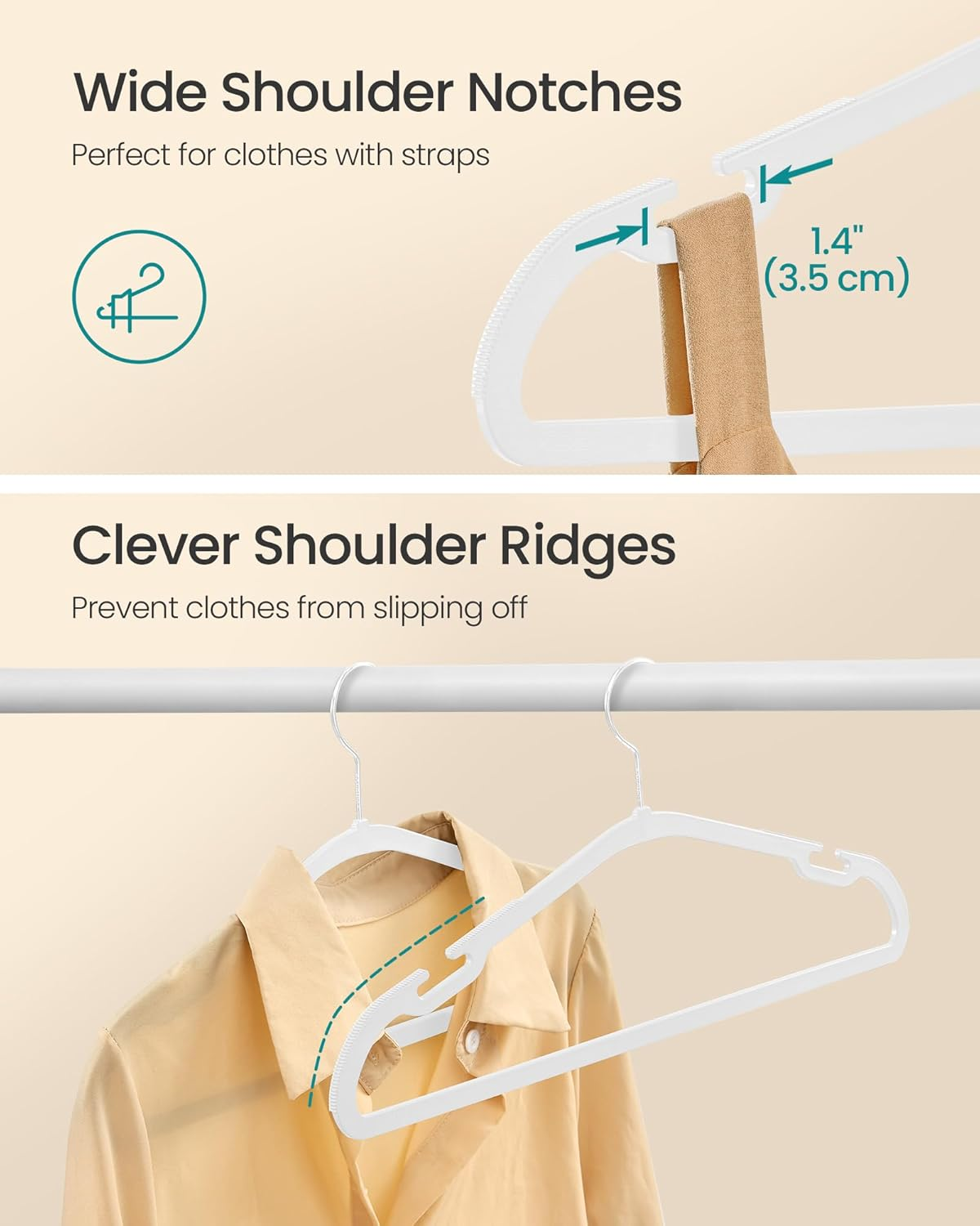 SONGMICS Coat Hangers, Pack of 50, Heavy-Duty Plastic Hangers, with Wide Shoulder Notches, Trousers Bar, 360&deg; Swivel Hook, Space-Saving, 41.6 X 21.4 Cm, for Wardrobe, Cloud White UCRP060W01 image number 5