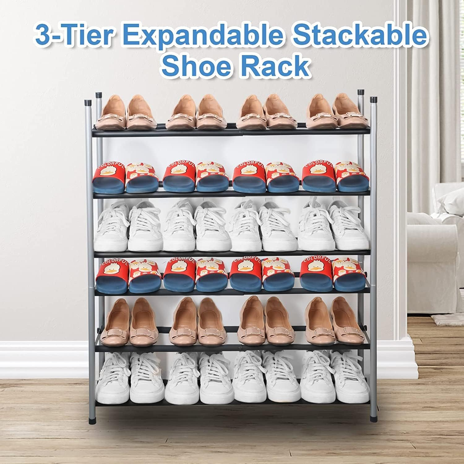 3-Tier Expandable Shoe Rack Stackable Shoe Organizer Adjustable Metal Iron Shoe Shelf, Free Standing Storage for Closet Entryway Doorway Bedroom Footwear image number 2