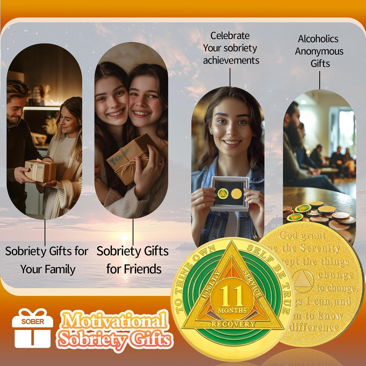 Green Triangle 11 Month Sobriety Coin Eleven Month Sober Gold Coin Rainbow Sobriety Chip AA Chips and Medallion AA Coin Recovery Chip Sobriety Token Sobriety Gifts for Women Men image number 3