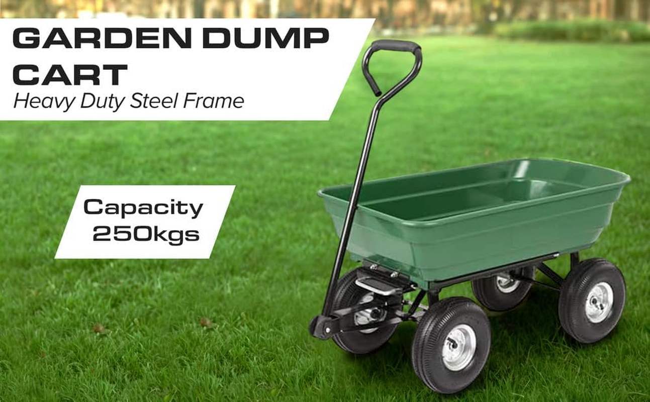 Garden Dump Cart with Heavy Duty Steel Frame,10 Inch Pneumatic Tyres Maximum Load Capacity of 250Kgs (Green), Garden Trolley Cart, Camping Wagon Cart, Beach Trolley, Beach Outdoor Cart image number 1