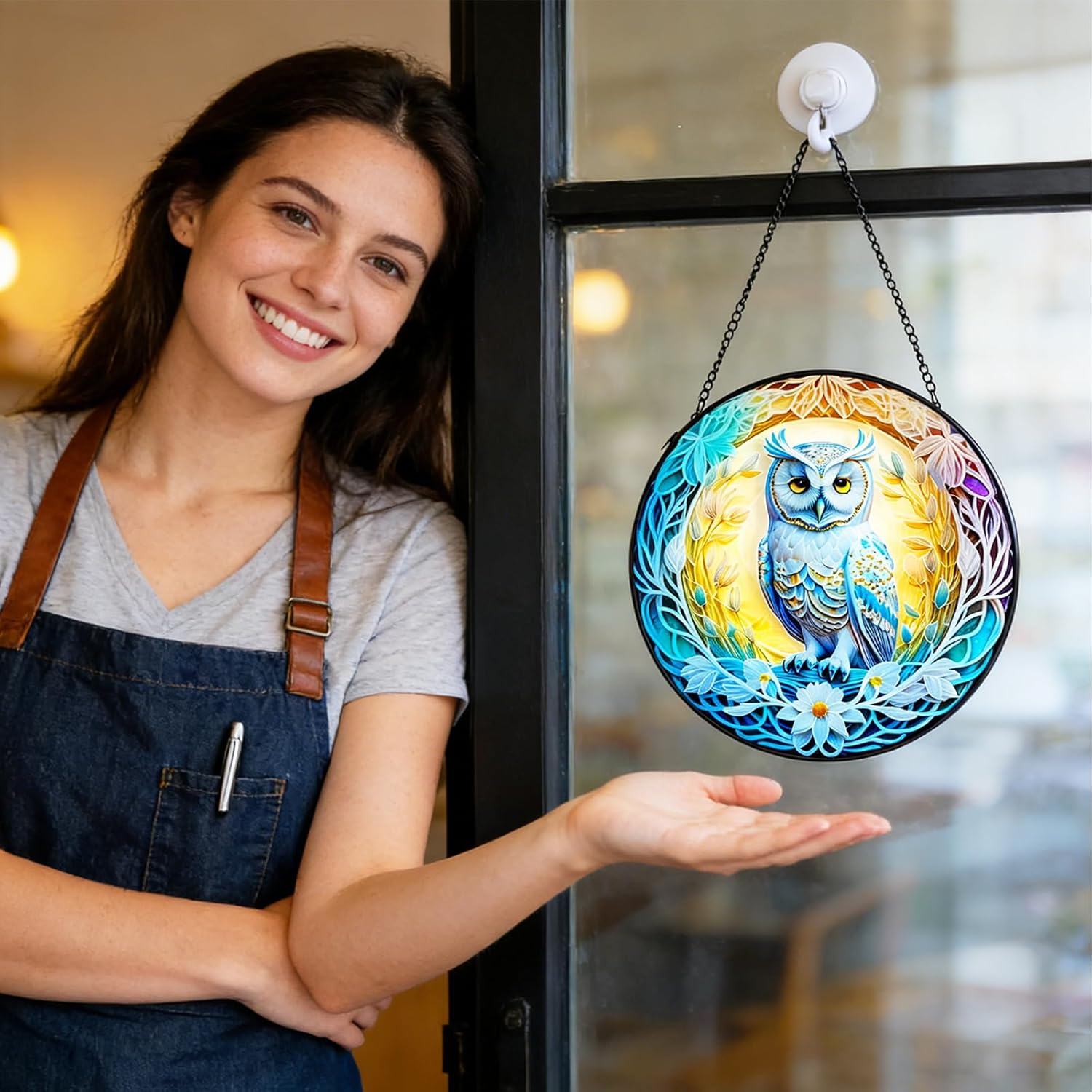 Owl Stained Glass Window Hanging,Colored Suncatchers, Christmas Ornaments,Suncatcher Gifts for Owl Lovers Decor for Home Garden (Style C) image number 3