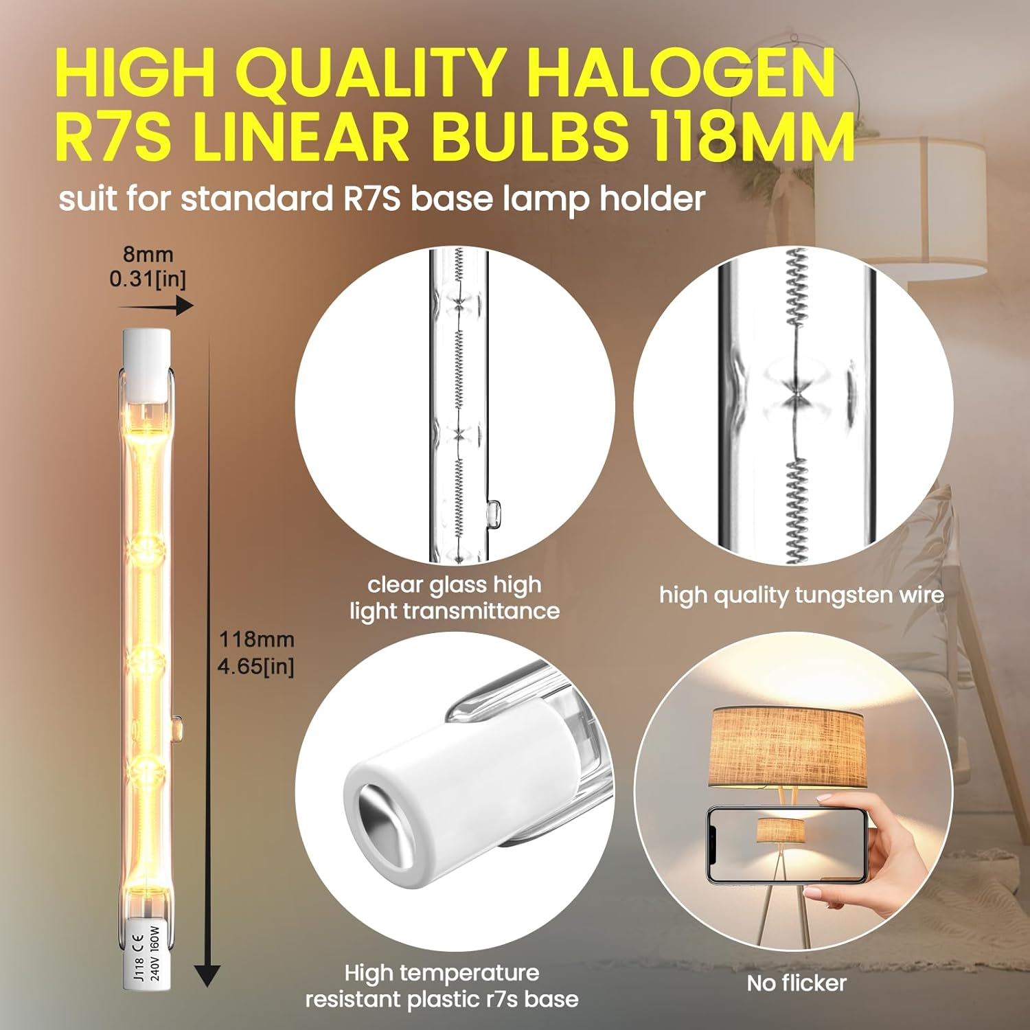 R7S Halogen Bulbs 118Mm, 160W R7S Bulbs 118Mm Dimmable,2000Lm Security Halogen Light Bulbs Warm White 2700K Energy Saving Tungsten Linear Floodlight Bulbs, 2Packs image number 2