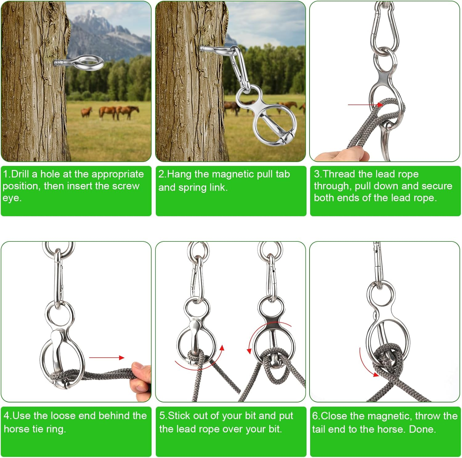 Horse Tie Ring, Stainless Steel Tie Ring for Horses Safe Horse Tack Supplies with Eye Bolt and Snap Prevents Horse Pulling Back image number 1