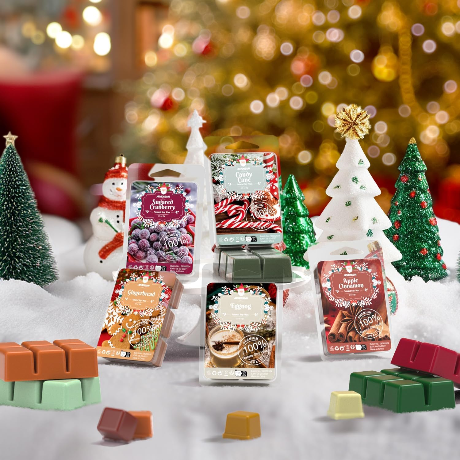 ARVIDSSON Christmas Scented Wax Melts, Winter Holiday Soy Wax Cubes for Wax Warmer, Strong Scent Fragrance Wax Tarts, Candle Melts Set, Christmas Spirit, Gingerbread, Apple Cinnamon, Candy Cane image number 1