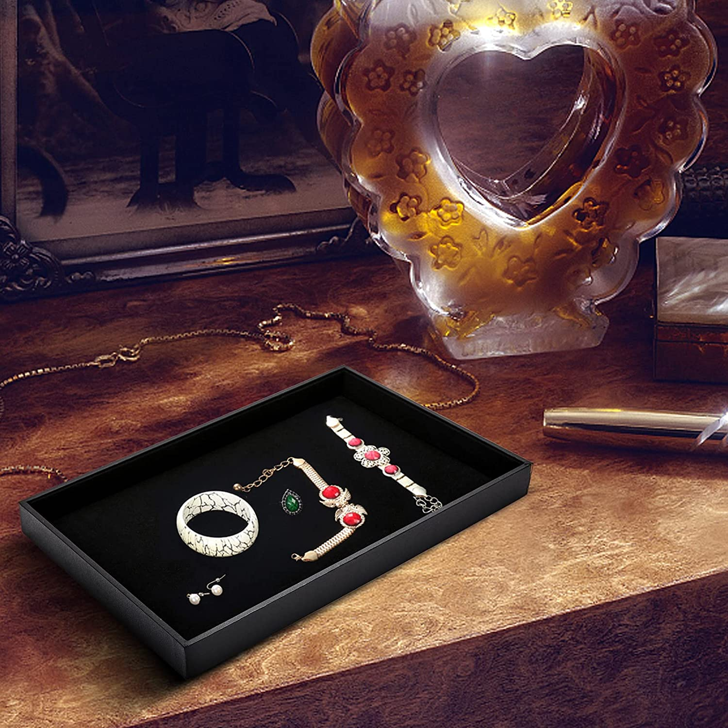 Black Velvet Stackable Jewelry Tray Showcase Display Earring Necklace Bracelet Rings Organizer image number 6