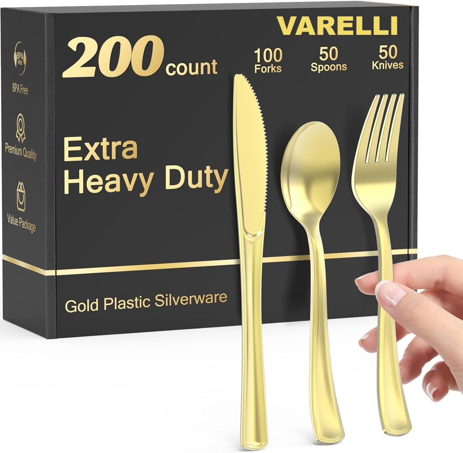200 Heavy Duty Gold Plastic Silverware,100 Forks, 50 Spoons, 50 Knives, Bpa-Free,Reusable Gold Plastic Utensils Set, Plastic Cutlery Set, Party Wedding Dessert Picnic Christmas Catering image number 2