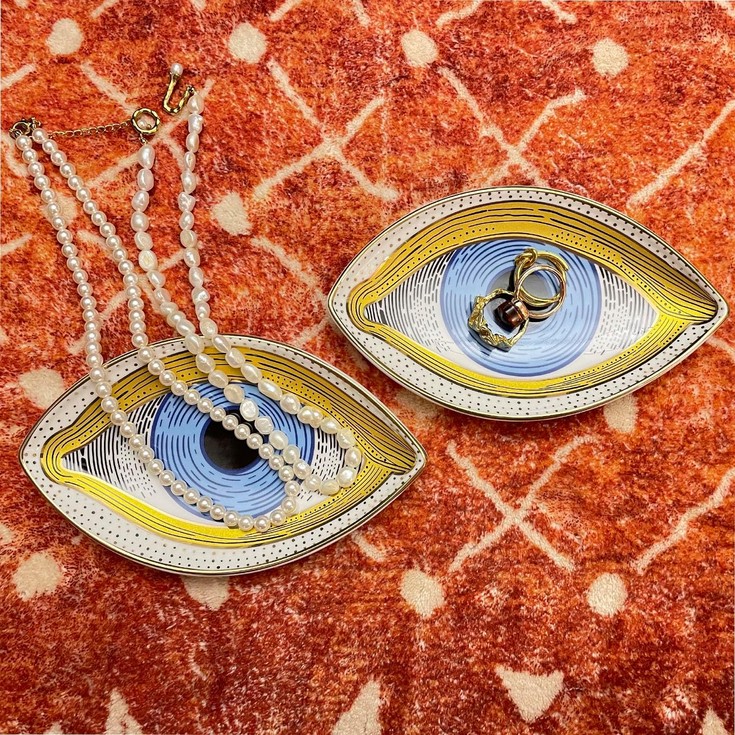 Exquisite Small Ceramic Jewelry Tray - Trinket Dish Evil Eye Decor, Gold Plate Ring Holder, Modern Boho Home Essentials, Perfume Organizer, Witchy, Aesthetic Room Decor, 5.9" X 3.5" (Pharaoh) image number 1