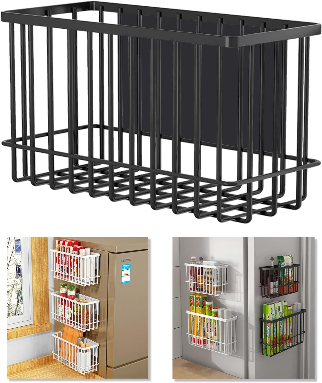 Magnetic Refrigerator Organizer Magnetic Basket Kitchen Organizer Metal Ziplock Bag Storage Organizer (Black) image number 5