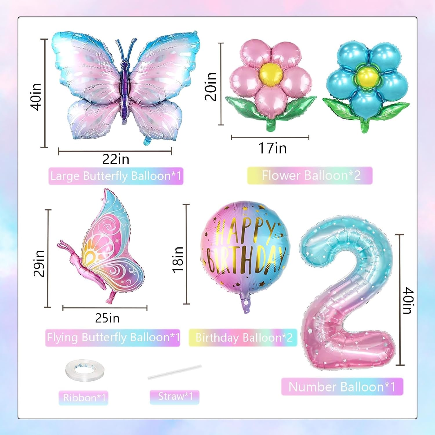 Butterfly Balloons 2Nd Birthday Decorations for Girls Colorful Gradient Pink Butterfly Foil Balloons for Fairy First Birthday Party Baby Shower Decor (Number 2) image number 5