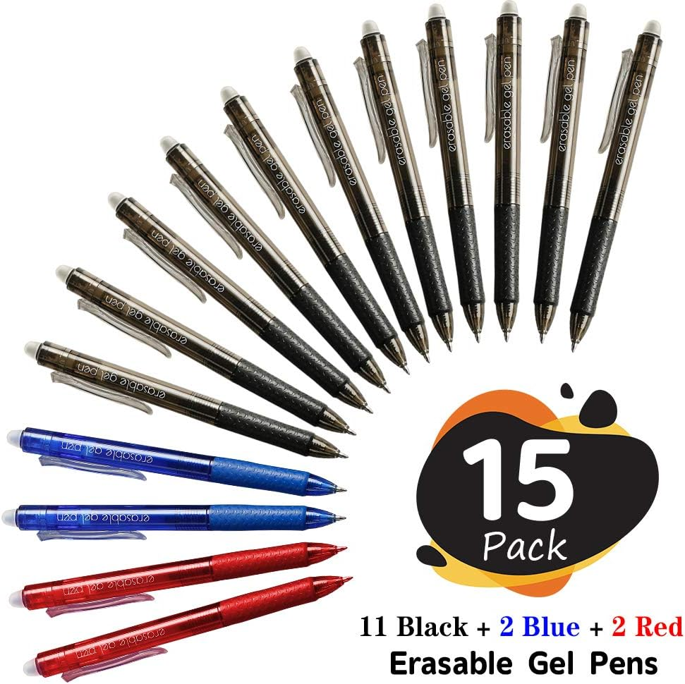 Erasable Gel Pens, 15 Pack Retractable Erasable Pens Clicker, Fine Point, Make Mistakes Disappear, 11 Black 2 Blue 2 Red Inks for Writing Planner and Crossword Puzzles image number 4