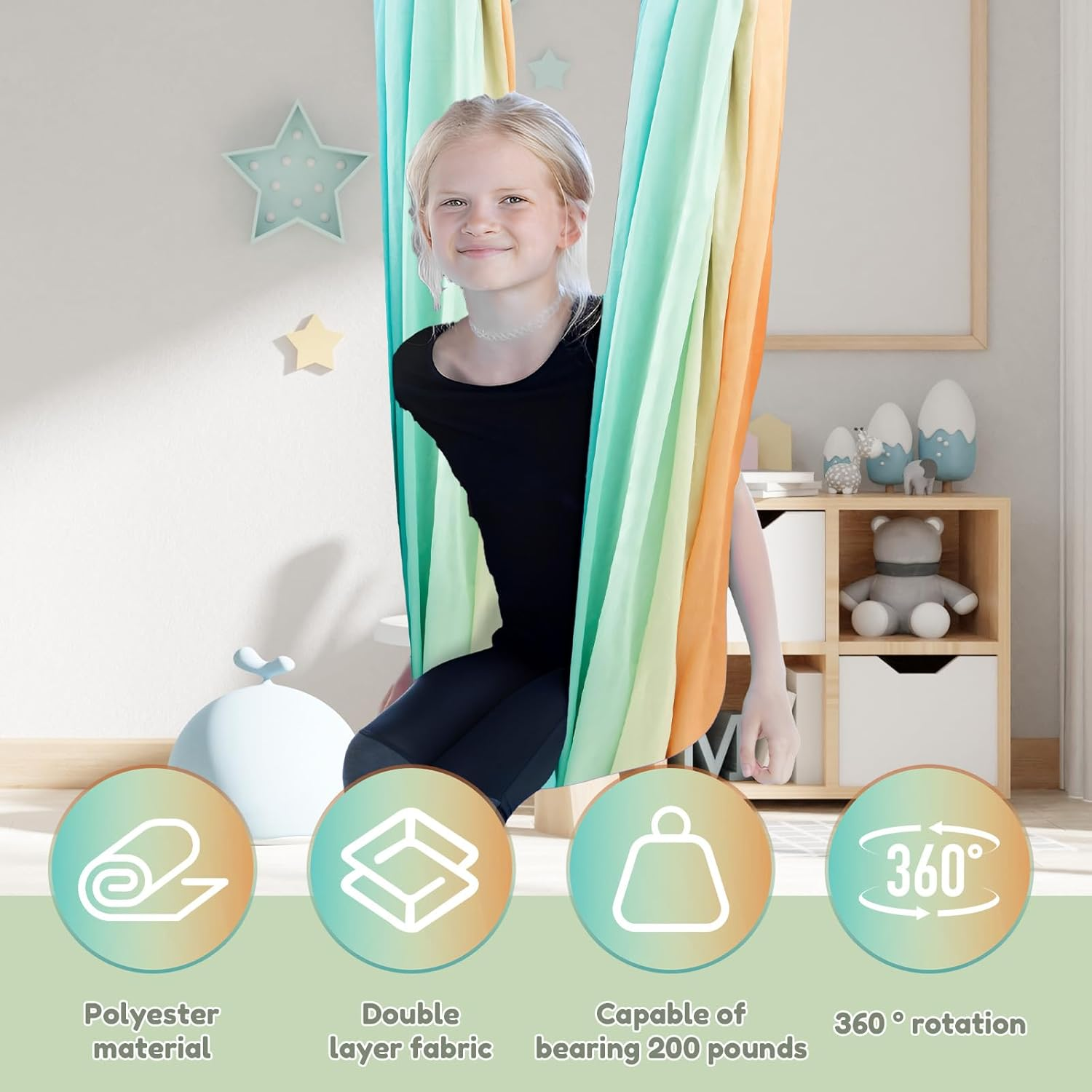 Kids Therapy Swing Hammock, Sensory Swing Indoor Outdoor Relaxing Firm Double Layer Therapy Cuddle Swings Stable Easy to Install Sensory Bundle for ADHD Asperger'S Integration Autism Therapy (Style B) - Orange + Green image number 2