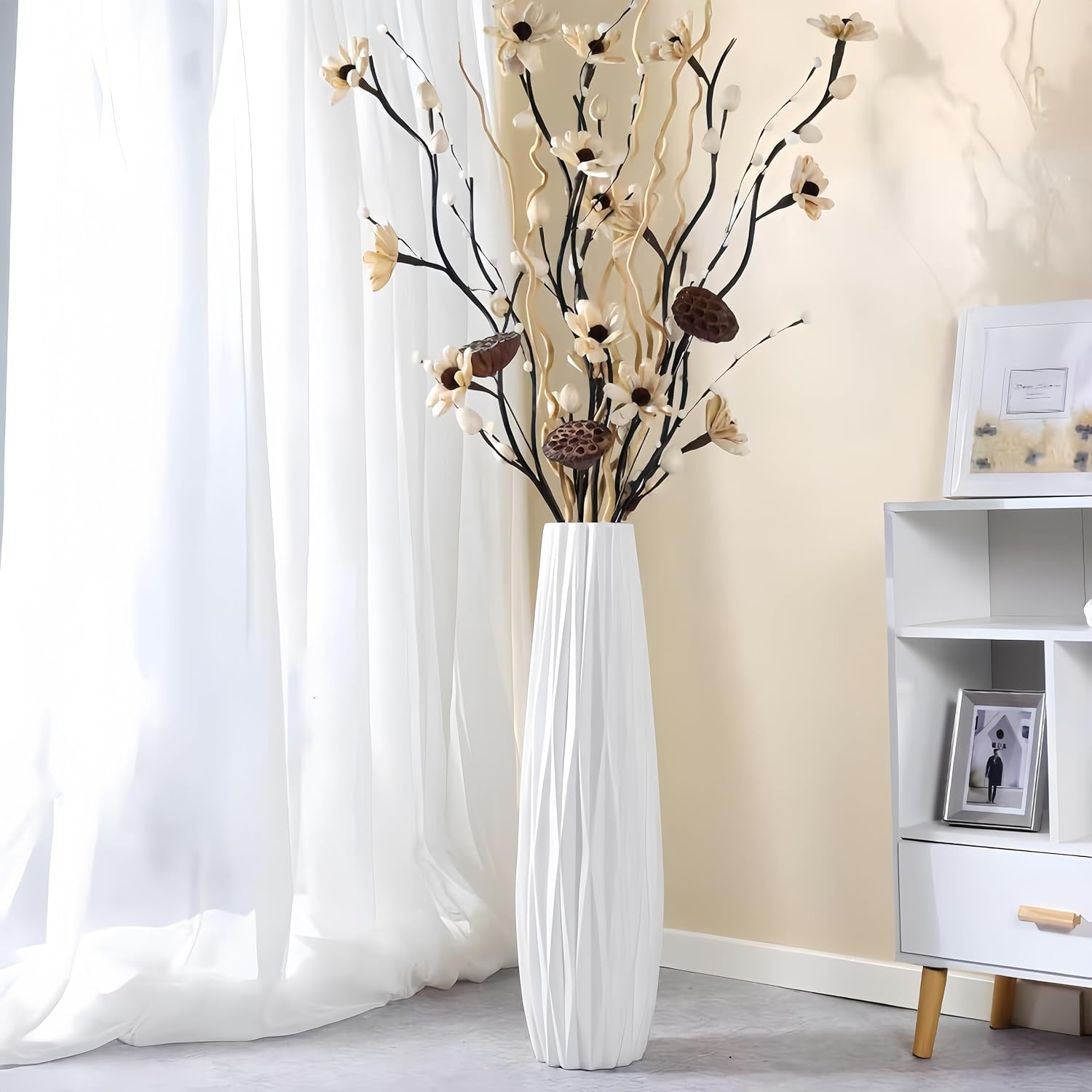 White Ceramic Vase, 17.7" Tall Floor Vase Large Flower Vase Decorative Vases for Modern Home Decor Living Room Office Bedroom Table Centerpieces Shelf Kitchen Wedding Farmhouse D&eacute;cor