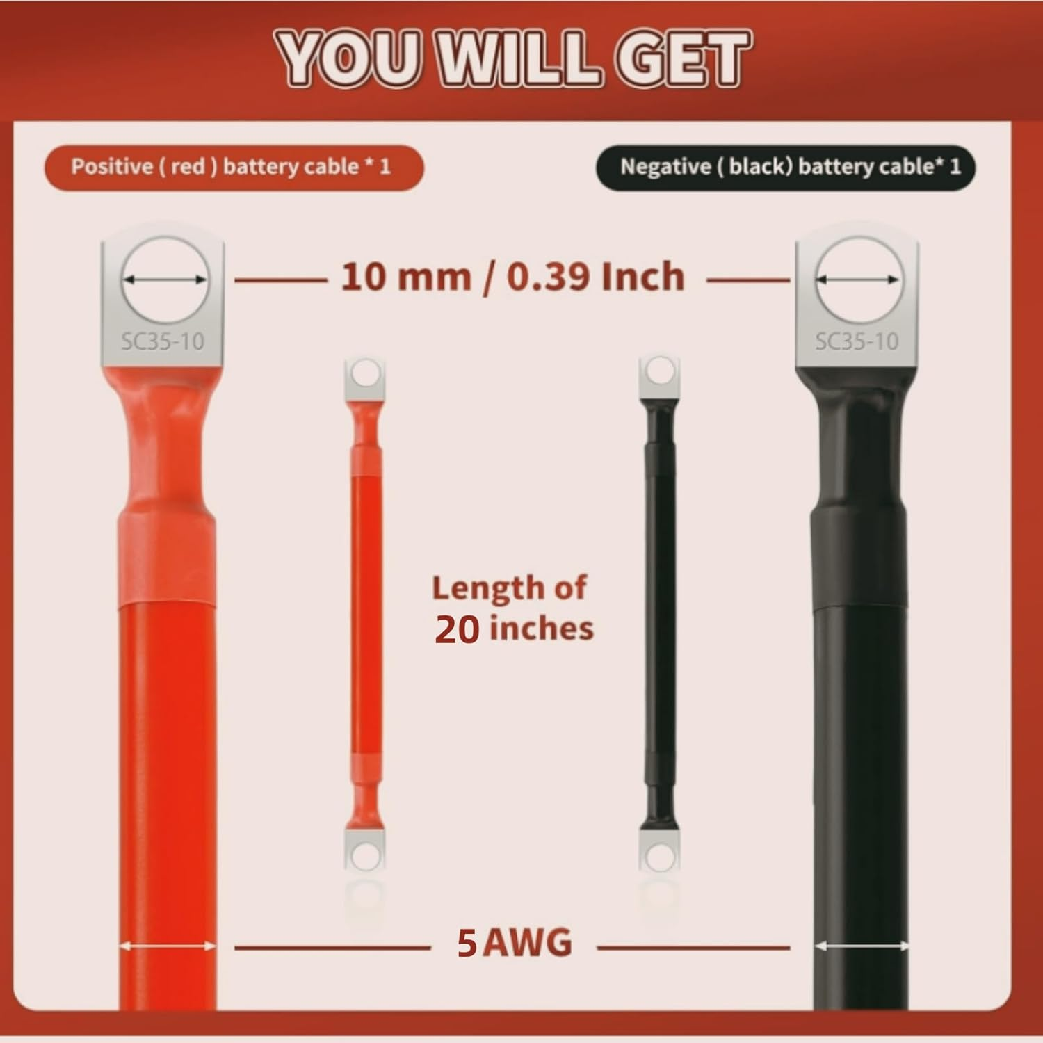 2PCS 3/8" M10 Battery Cable Set,50Cm 5AWG Copper Power Inverter Cables with Terminals for Car, Vehicle, RV, Solar Application and More(Red+Black image number 2