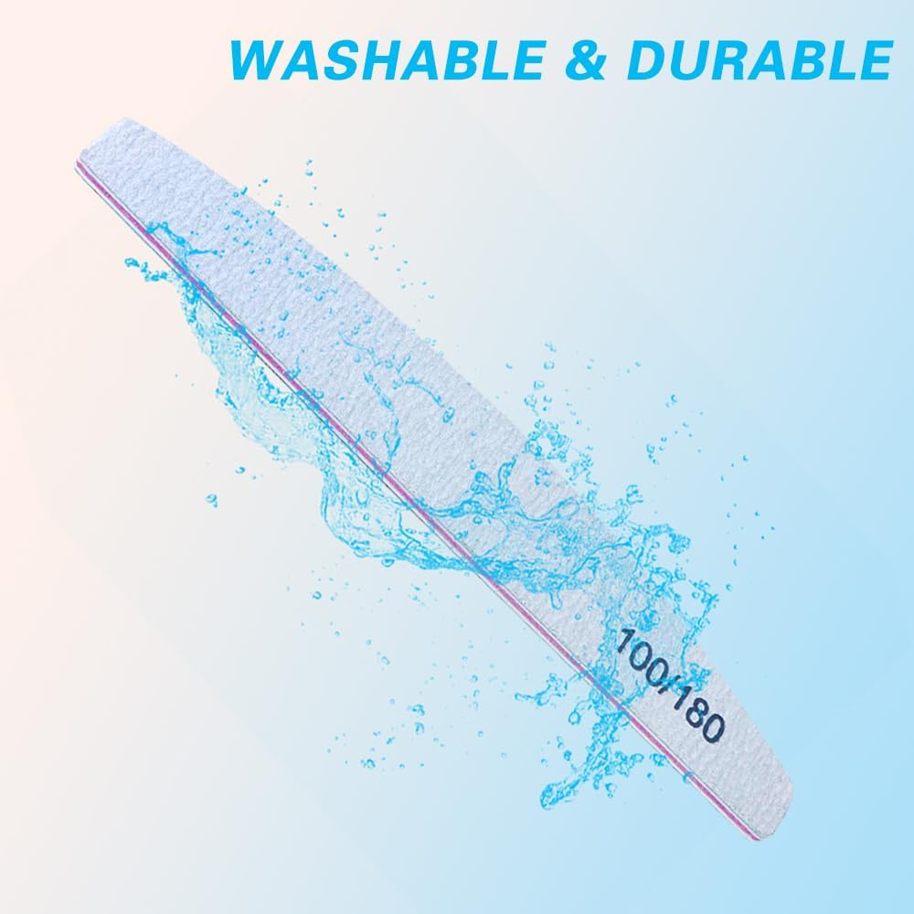 Nail Files 20-Pack Half Moon 100/180 Grit &ndash; Professional Double-Sided Emery Boards for Natural & Acrylic Nails &ndash; Washable, Durable & Reusable Manicure Tools