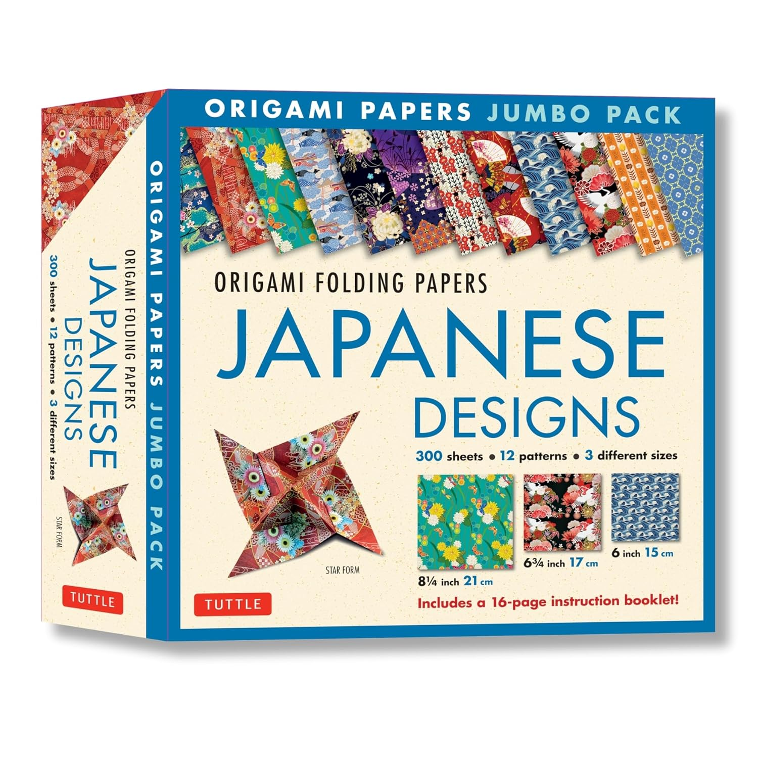 Origami Folding Papers Jumbo Pack: Japanese Designs: 300 High-Quality Origami Papers in 3 Sizes (6 Inch; 6 3/4 Inch and 8 1/4 Inch) and a 16-Page Instructional Origami Book