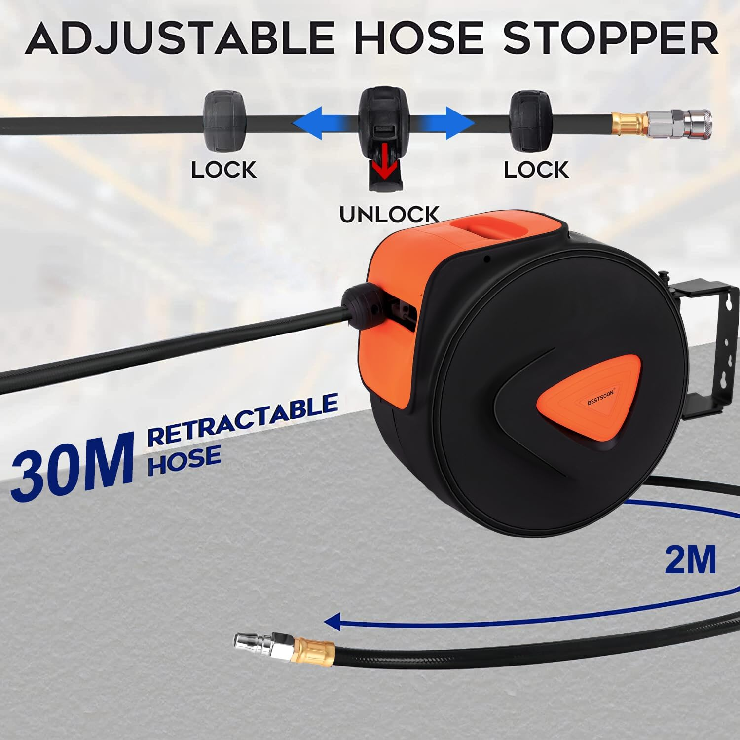 30M Retractable Garden Hose Reel, Heavy Duty Wall Mounted Water Hose Reel with High-Pressure Brass Spray Nozzle, Any Length Lock, Auto-Rewind, 180&deg; Swivel Bracket, for Watering and Cleaning