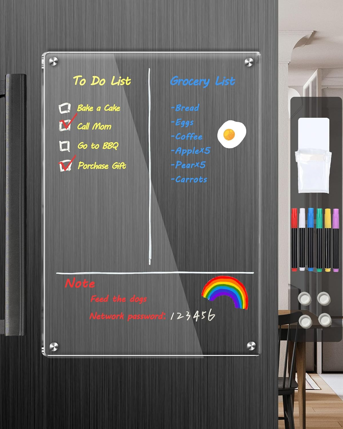 Clear Acrylic Magnetic Dry Erase Board for Fridge,12"X8" Magnetic Whiteboard for Fridge, Magnet Weekly Planner Calendar for Refrigerator Includes 6 Colors Markers image number 1