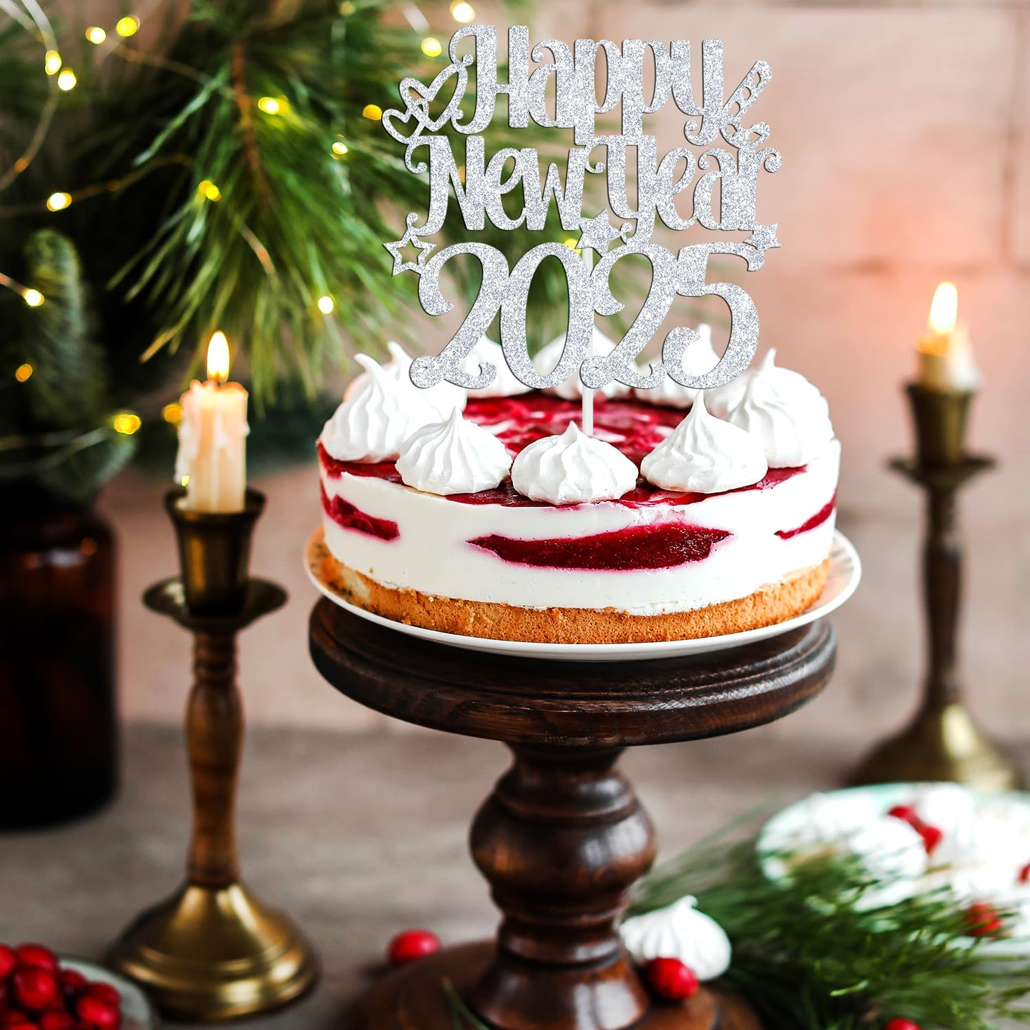 Happy New Year 2025 Cake Topper, Happy Holiday/Merry Christmas Cake Decor, New Year'S Eve Festival Party Decoration Suppllies, Silver Glitter