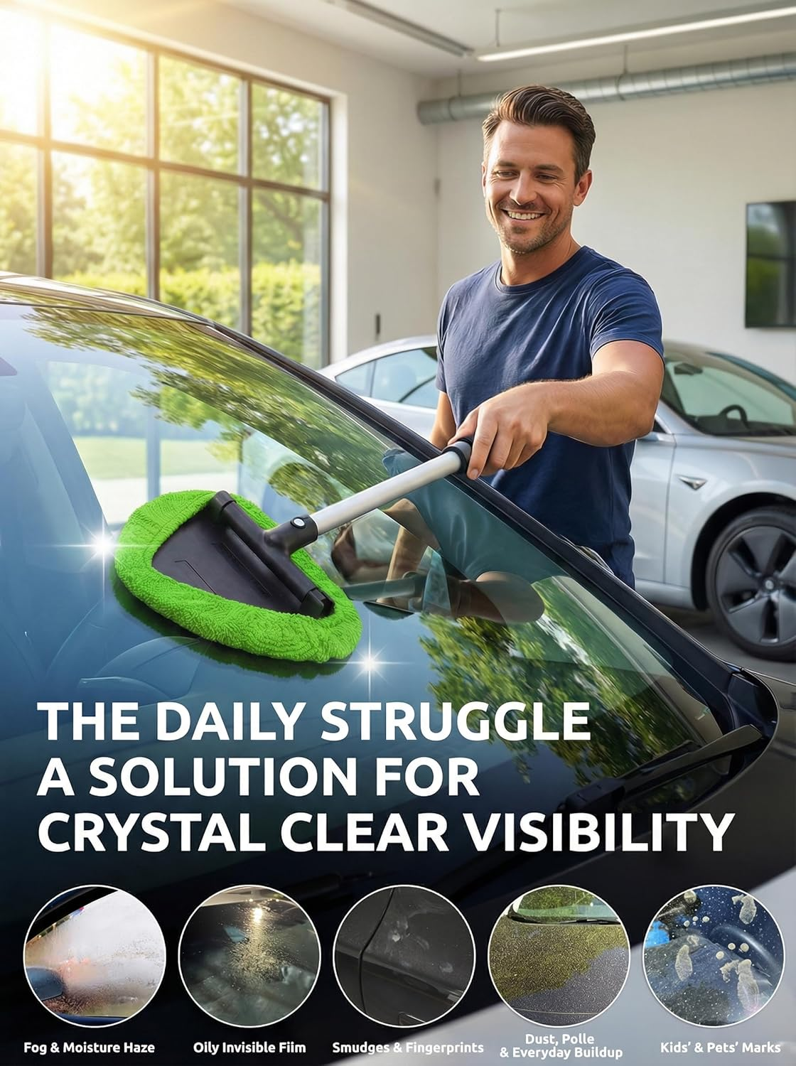 TAKAVU Car Window Cleaning Tool, Windshield Wiper Cleaner with Extendable Long-Reach Handle, 3 Washable Reusable Microfiber Bonnets, Car & Home inside Interior Exterior Use - Lint Free (Green) - Black  Red image number 5