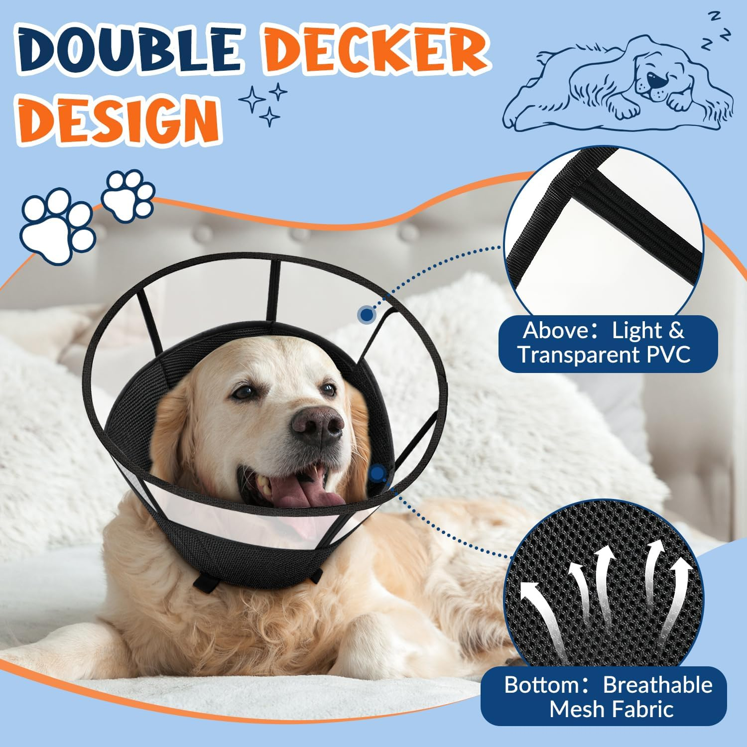 Slowton Soft Dog Cone Collar, Comfy Dog Recovery Collar after Surgery with Reflective Strips, Adjustable E Collar to Prevent Licking Biting, Breathable Elizabethan Collar for Small Medium Large Dogs image number 6