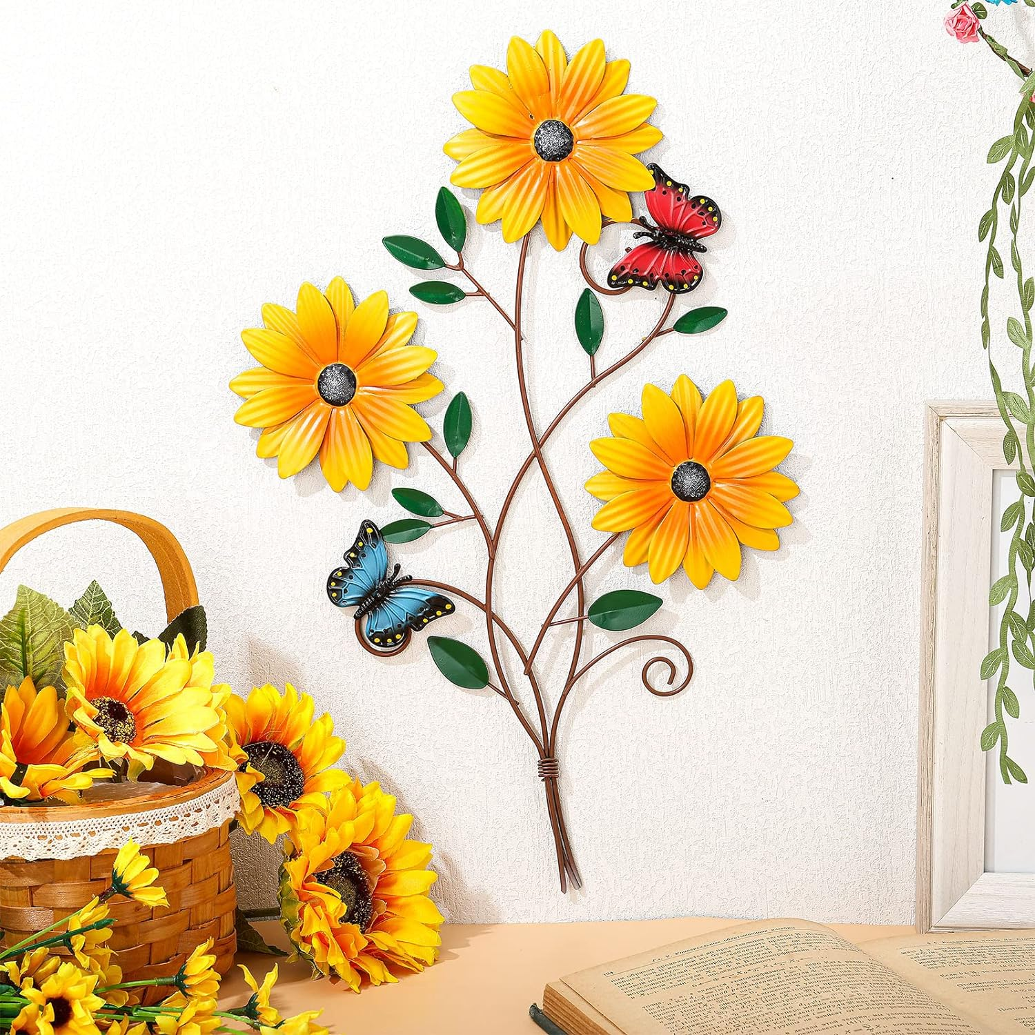 Lounsweer Metal Sunflower Wall Decor Rustic Sunflower Bathroom Decor for Patio Butterfly Flower Wall Art Vintage Hanging Metal Flower for Home Kitchen Indoor Outdoor, 15X9 Inch(1 Piece) image number 2