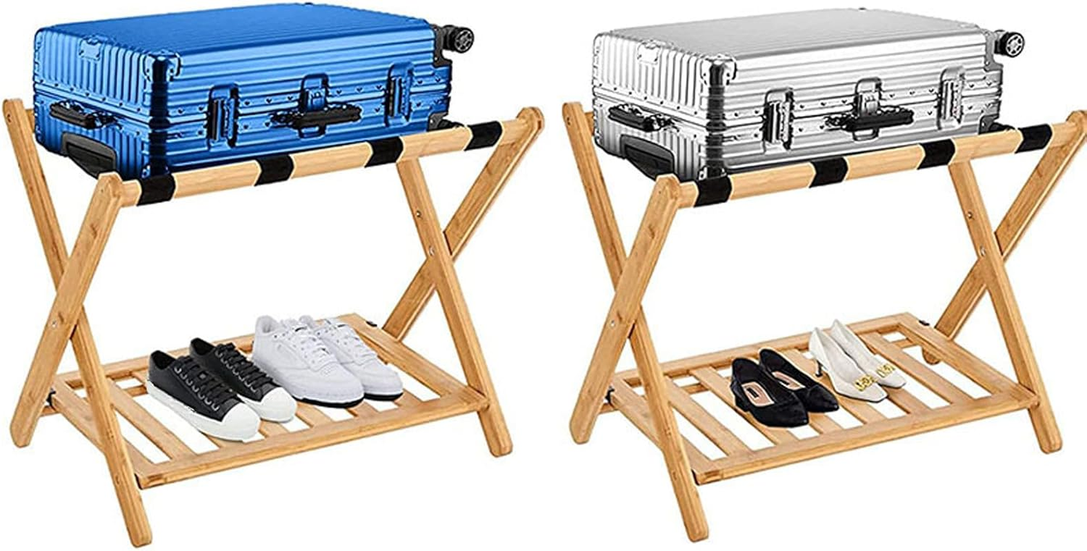 Foldable Luggage Rack, Bamboo Folding Luggage Rack with Lower Storage Shelf, 4 Heavy Duty Straps Folding Suitcase Stand, Ideal for Bedroom, Hotel image number 2