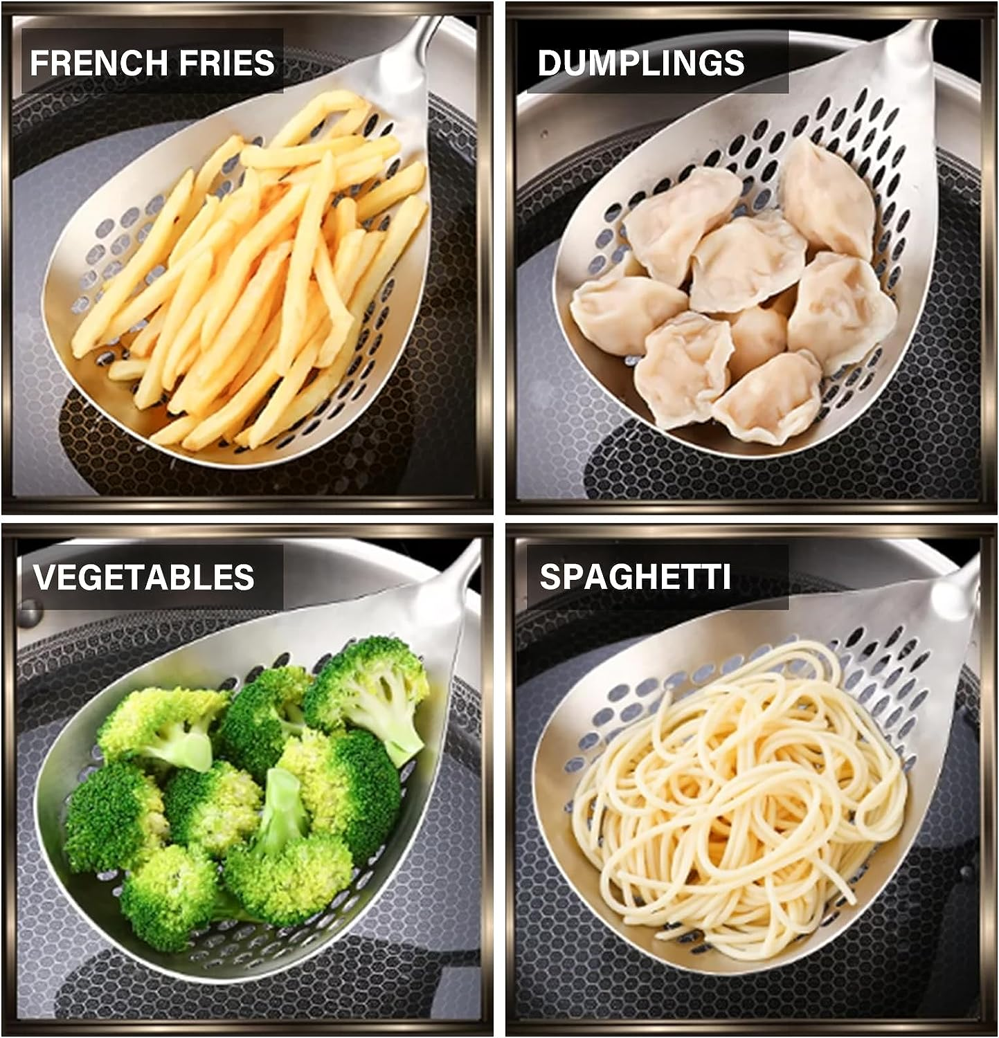 KAYCROWN Skimmer Slotted Spoon, 304 Stainless Steel Skimmer Ladle Spoon Spider Strainer for Cooking and Frying, Pasta Strainer Spoon Frying Kitchen Cooking Colander image number 3