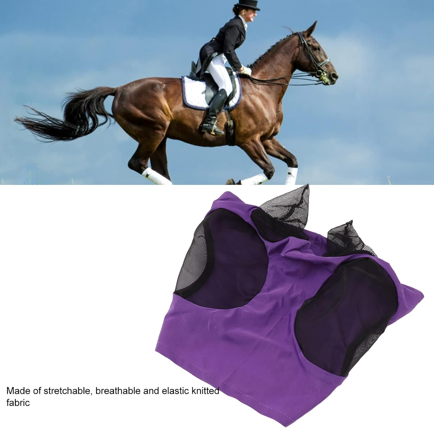 Breathable Horse Mesh Fly Mask with Ears, Elastic Equestrian Face Mask for Horses, Sunlight Protection & Fly Protector (Purple) image number 5