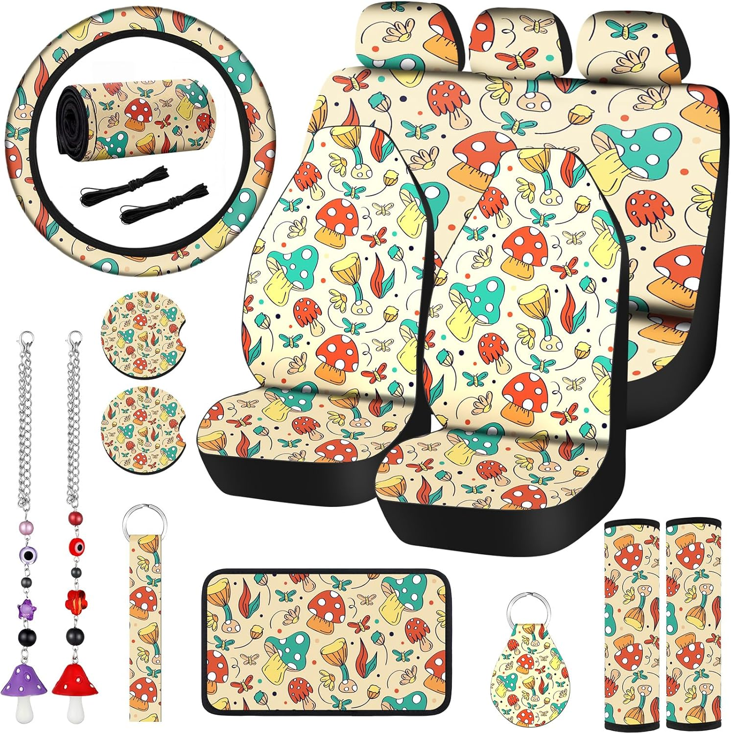 Riakrum 17 Pcs Mushroom Car Seat Covers Accessories Full Set for Women Men Automotive Rear Front Protector View Mirror Hanging Ornament Steering Wheel Belt Cover (Mushroom & Moth) (Sw-Riakrum-659738) image number 2