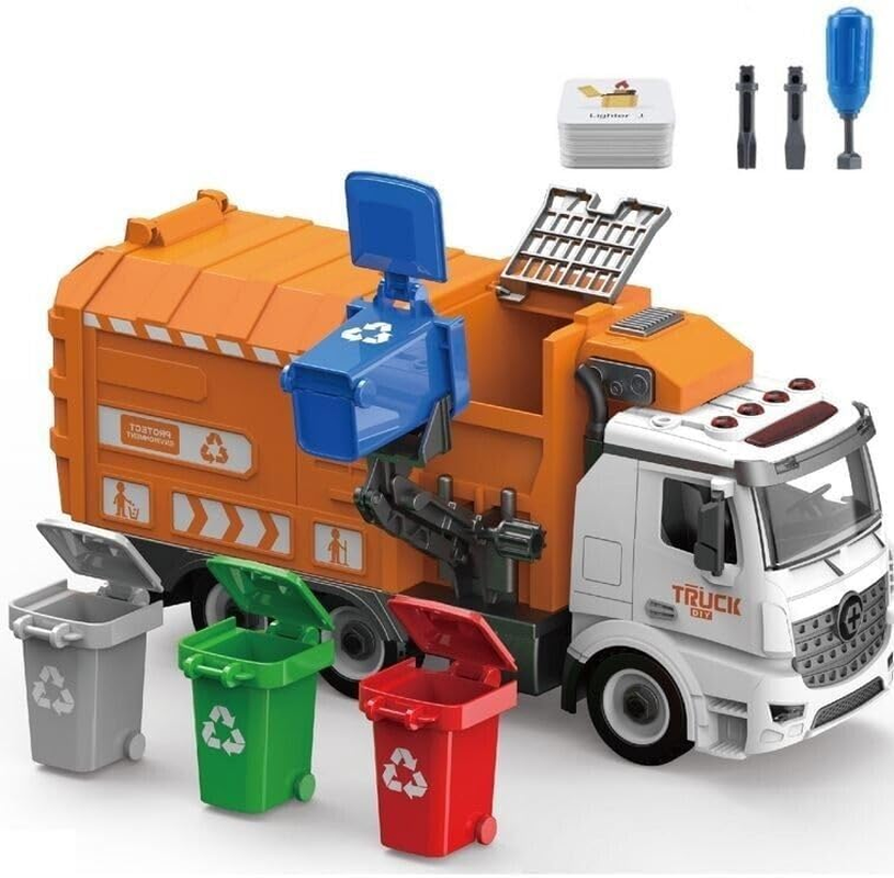 Toy Bin Truck Recycling Garbage Bins Inertia Friction Power DIY Truck Building Automatic Lifting Sound Lights with 4 Coloured Bins image number 5