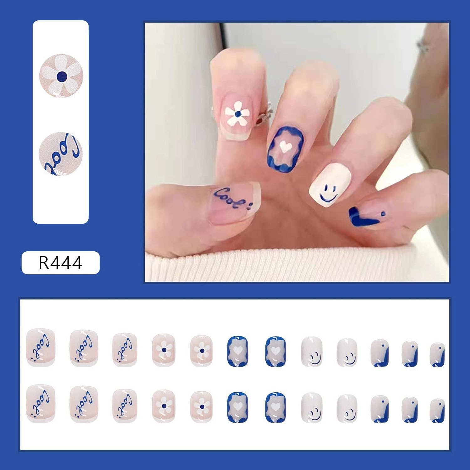 Press on Nails Short Square, Navy Blue Glossy Fake Nails Short with Daisy Flowers Short Coffin Glue on Nails Acrylic Nails Press on for Women Girls 24Pcs image number 6