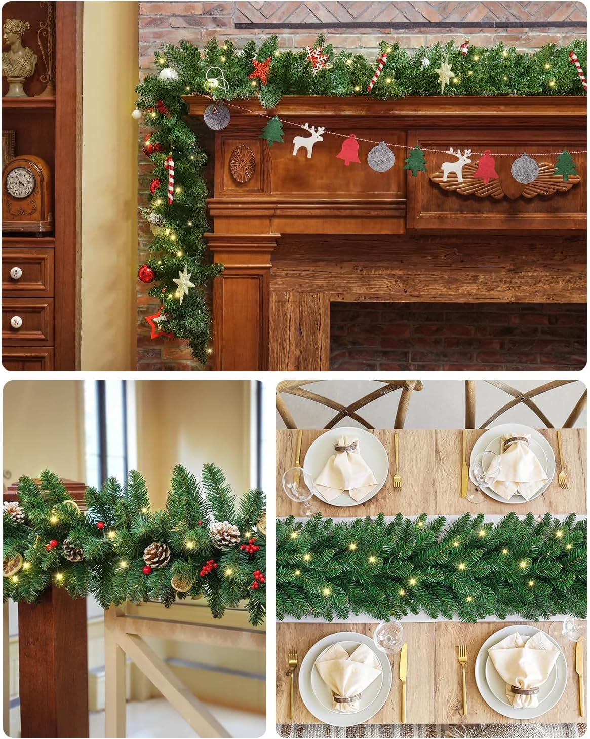 9Ft Christmas Garland with LED Lights Battery Operated, Prelit Xmas Garland for Mantle, Fireplace, Stairs Railing, Artificial Christmas Garland Indoor and Outdoor Decorations