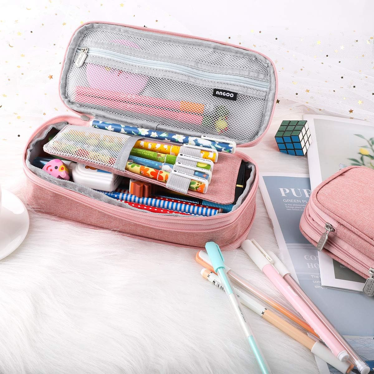 Isuperb Pencil Case Large Capacity Student Canvas Pencil Case Storage Bag Double Zipper Pencil Box for School, Pink1, Modern