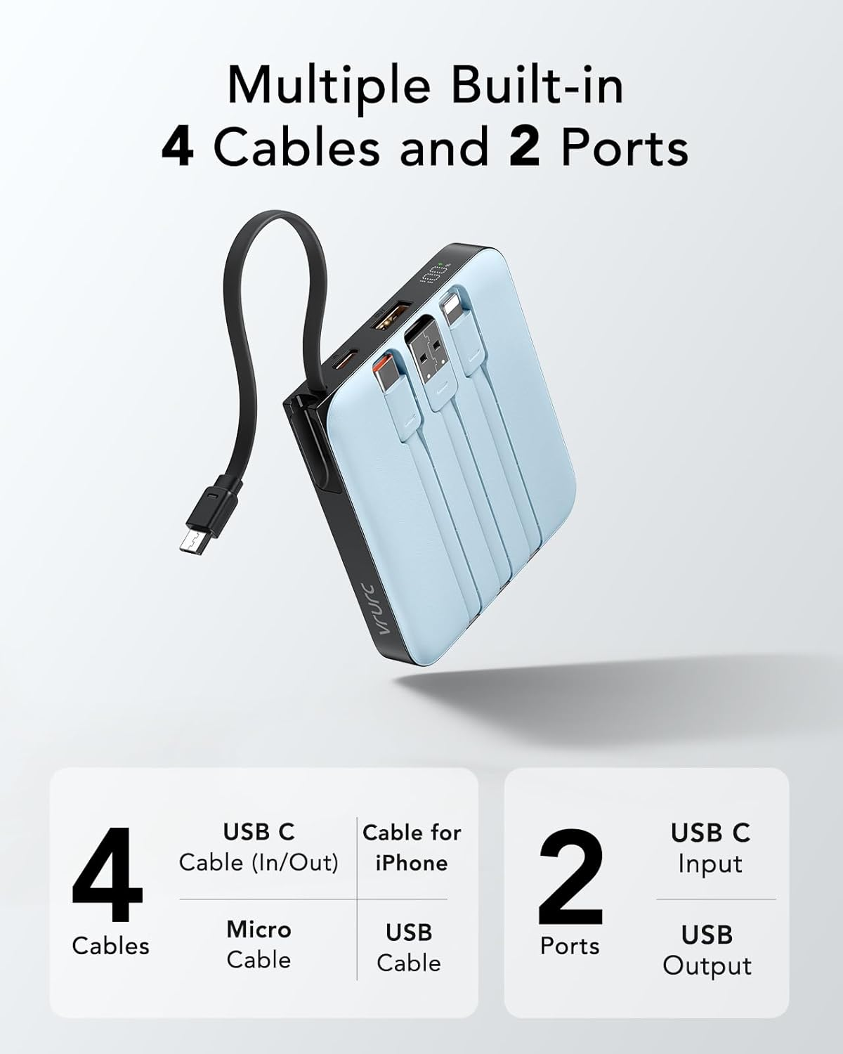 VRURC Portable Power Bank Built-In Cables, 10000Mah 22.5W Fast Charging USB C Battery Pack, Phone Charger Battery & LED Display, for Phone,Blue image number 3