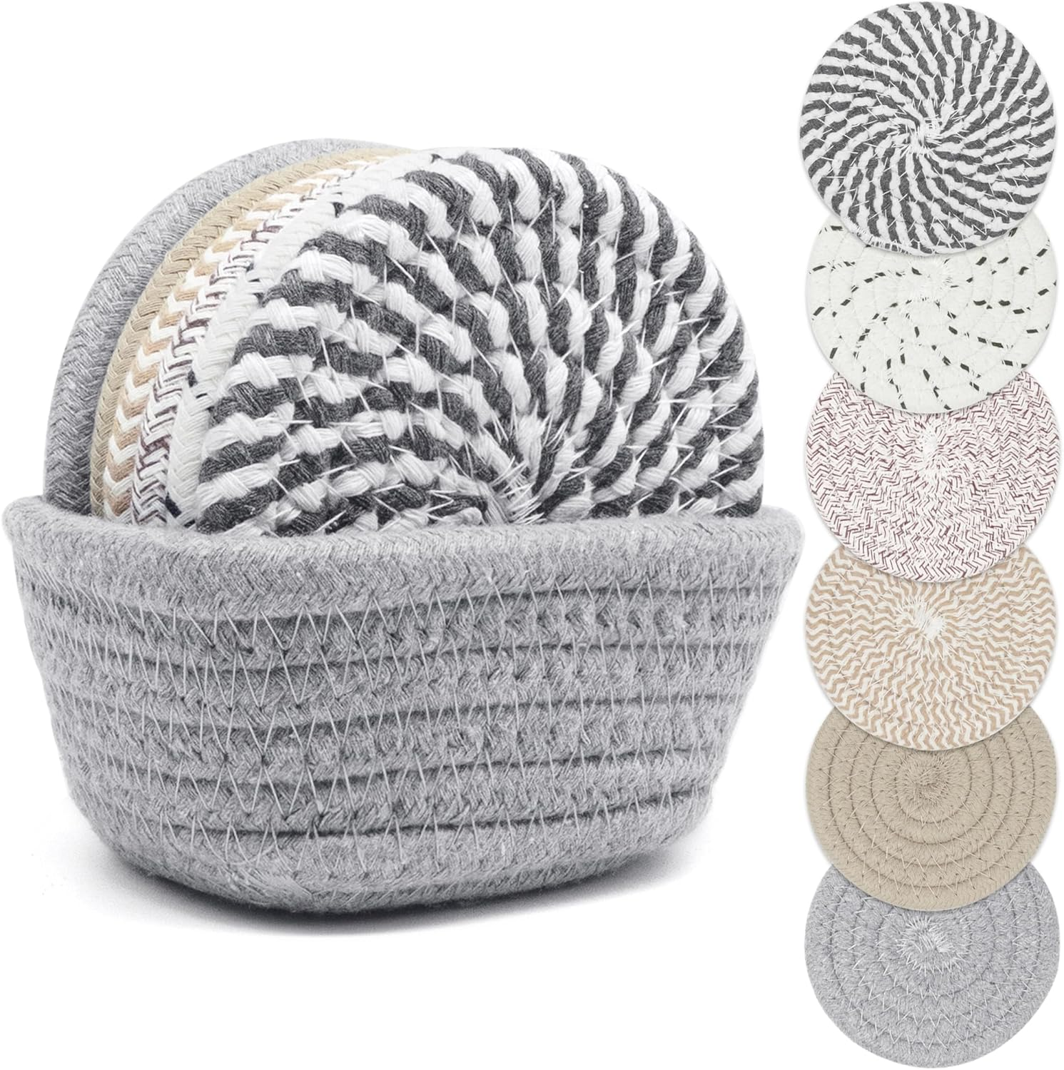 Drink Coasters with Holder, Thick Woven Drinking Coasters for Kinds of Cups, Absorbent Coaster Sets for Tabletop Protection, Home Decor for Table, Coasters Set of 6