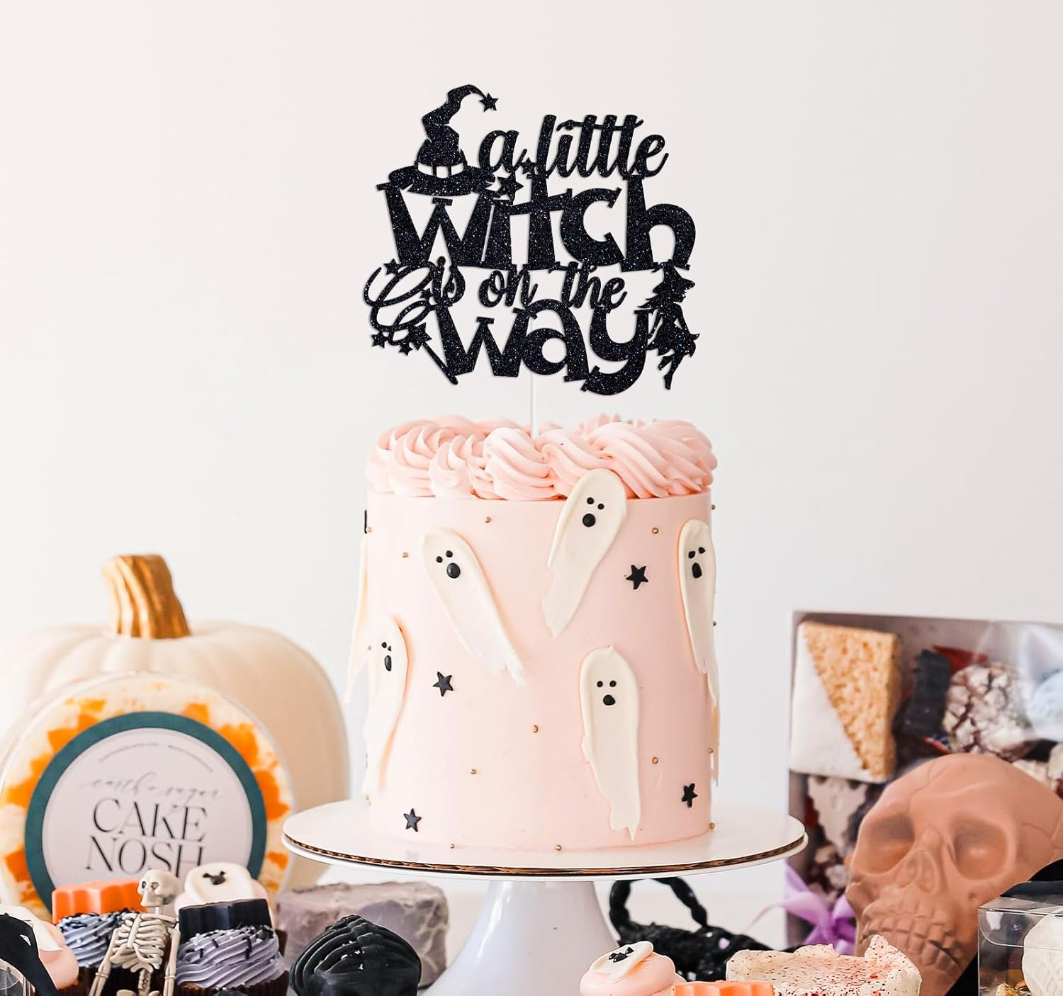 A Little Witch Is on the Way Cake Topper, a Little Boo Is Almost Due Cake D&eacute;cor, Halloween Baby Shower/Gender Reveal/First Birthday Party Decorations Supplies, Black Glitter image number 5