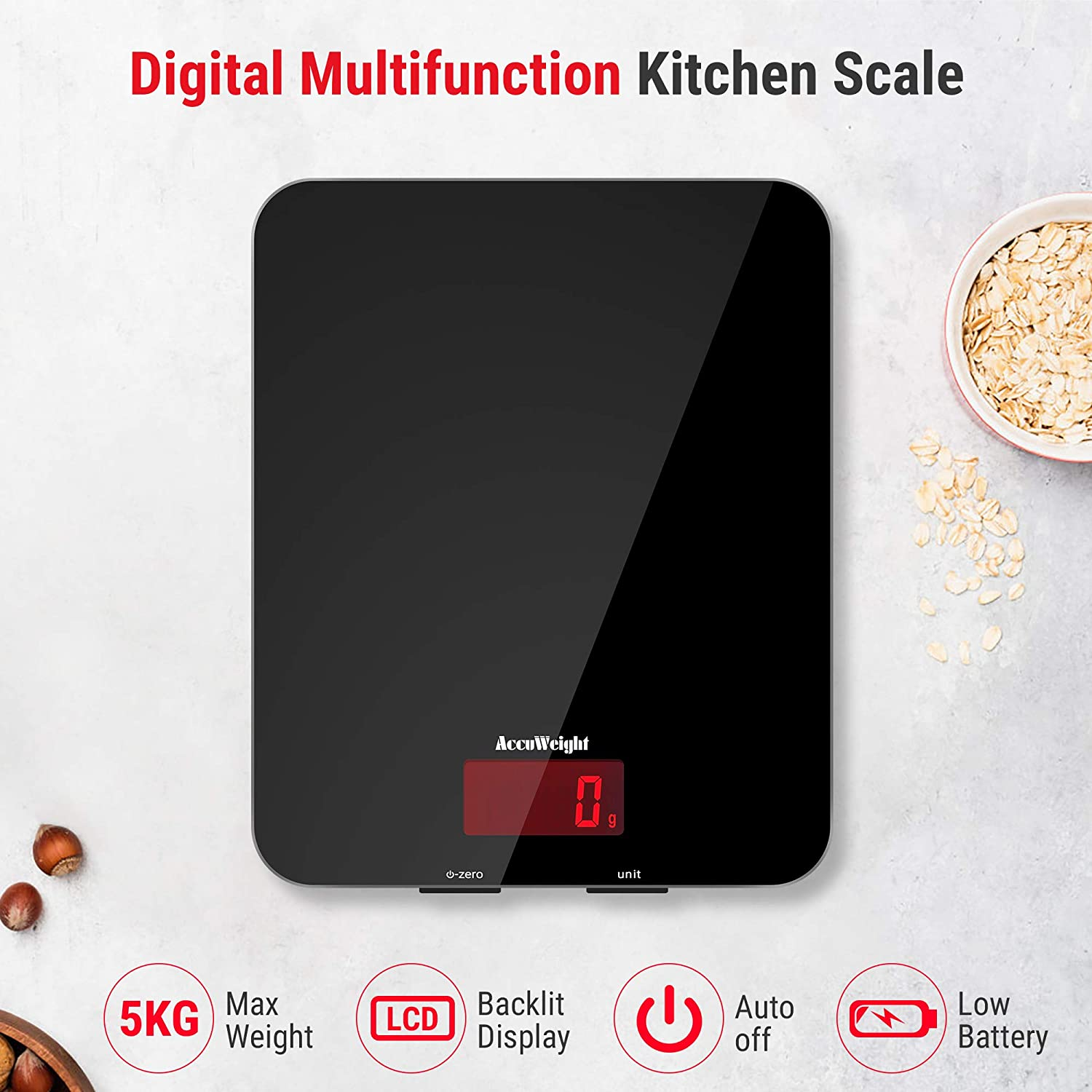 Accuweight Digital Kitchen Scale, 5Kg/11Lb Capacity, Coffee Scale with 5 Units & Tare Function, 7.8-Inch Tempered Glass Food Scale for Baking, Coffee, and Cooking, Digital Scale with Backlit Display