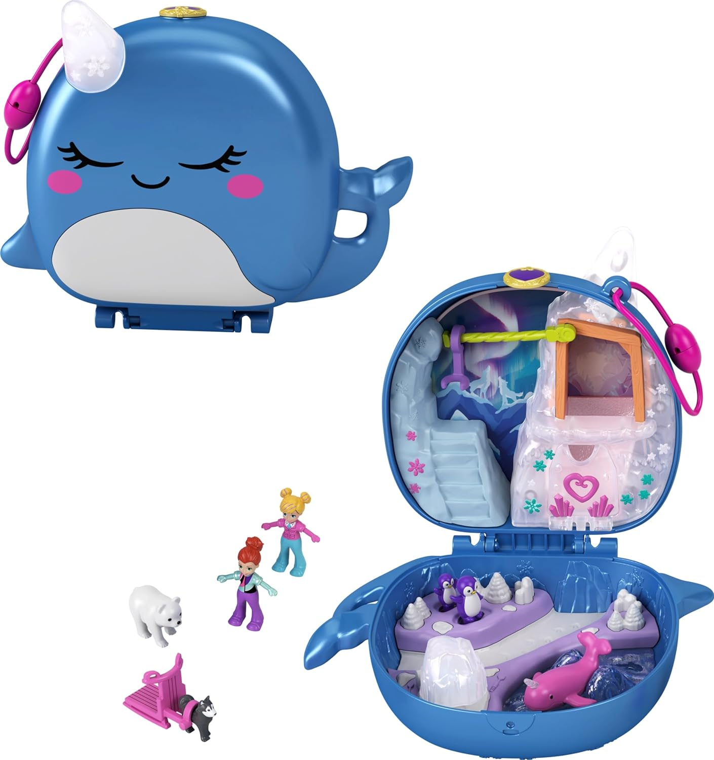 Polly Pocket Freezin' Fun Narwhal Compact with Fun Reveals, Micro Polly, Lila Dolls, Husky Dog & Sled, Polar Bear Figure & Sticker Sheet; 4 Y+, GKJ52