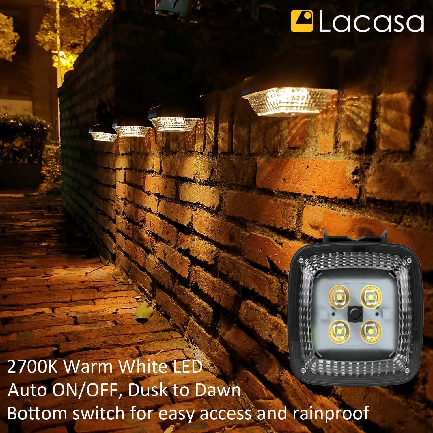 Lacasa Solar Outdoor Lights, 4 Pack Solar Fence Lights Solar Powered Step Lights Warm White 2700K, LED Solar Deck Lights Auto On/Off Waterproof IP65 Solar Wall Lights for Garden Patio Yard Stairs image number 2