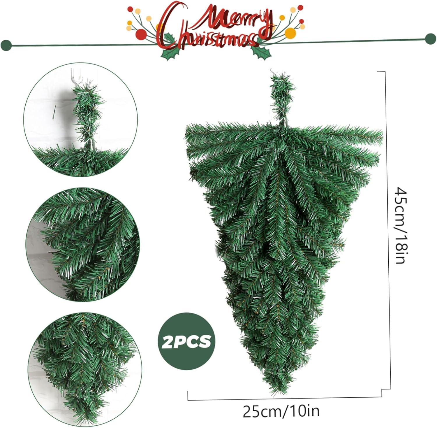 Christmas Swag 2Pcs 45Cm Wreath Base Artificial Upside down Tree Shape Teardrop Swag PVC Christmas Decorations for Front Door Wall Window image number 3