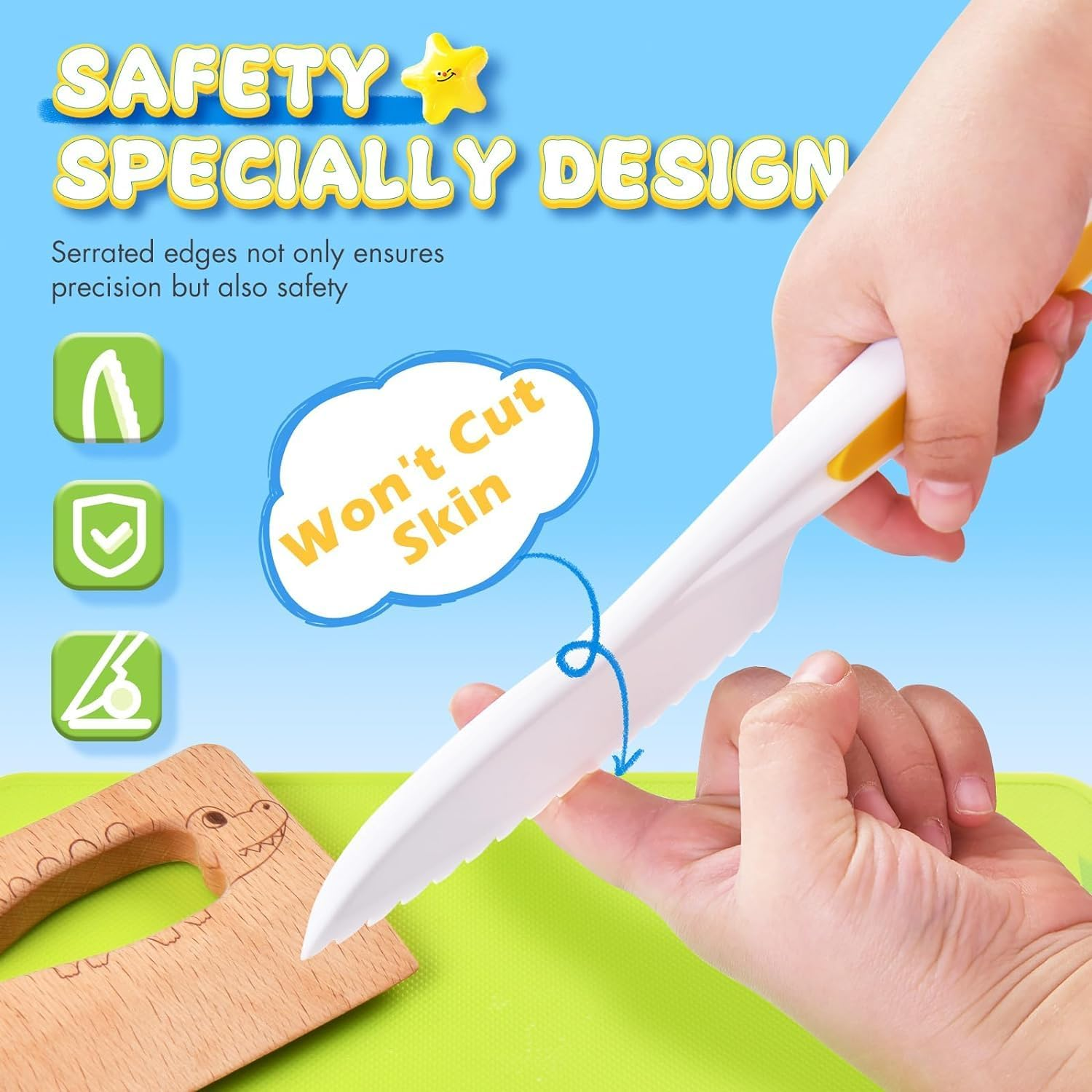 17Pcs Wooden Kids Kitchen Knife, Kids Knife Set with Cutting Board Bear Sandwich Cutter Fruit Vegetable Cutters Serrated Edges Plastic Knifes for Real Cooking Kid Safe Knives image number 5