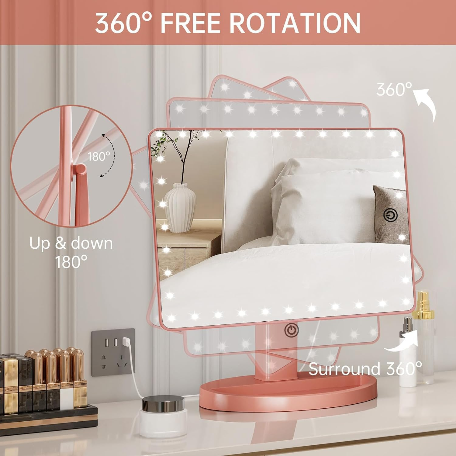 Large Lighted Vanity Makeup Mirror (X-Large Model), Funtouch Light up Mirror with 35 LED Lights, Touch Screen and 10X Magnification Mirror, 360&deg; Rotation Tabletop Cosmetic Mirror(Rose Gold) - Rose Gold image number 4