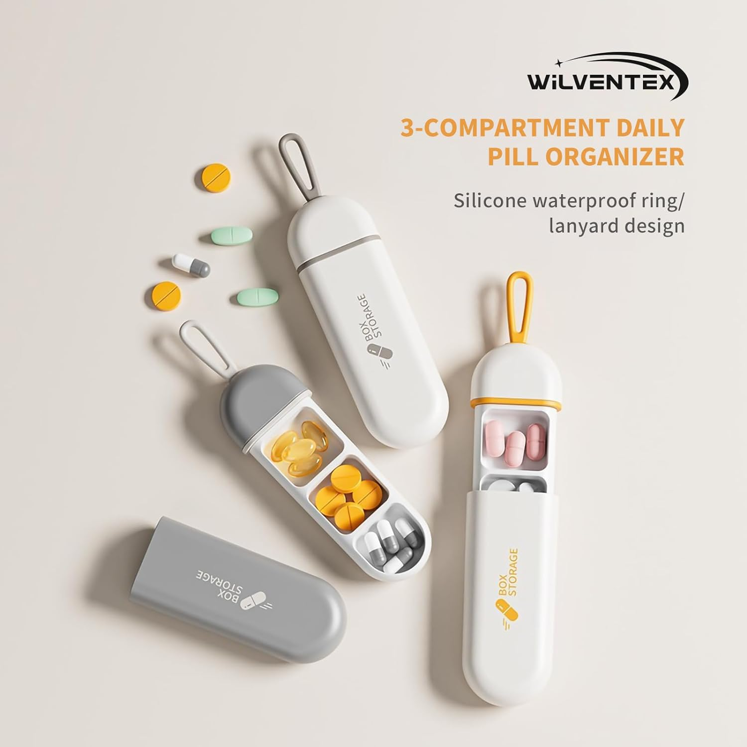 Travel Pill Organiser, 3 Cell Portable Waterproof Pill Box with Silicone Carrying Ring, Mini Pill Box Perfect for Office, Temporary Travel, Easily Put in Wallet. (Orange-White) - Orange-White image number 5