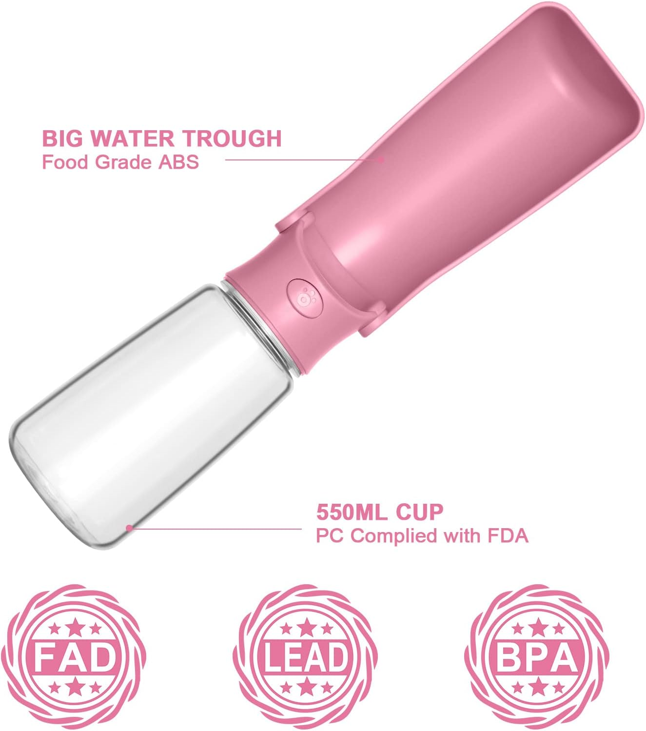 Foldable Dog Water Bottle - 550Ml Portable Dispenser, Leak Proof Travel Bottle for Pets, Outdoor Walking, Hiking - Food Grade Plastic（Pink） image number 2
