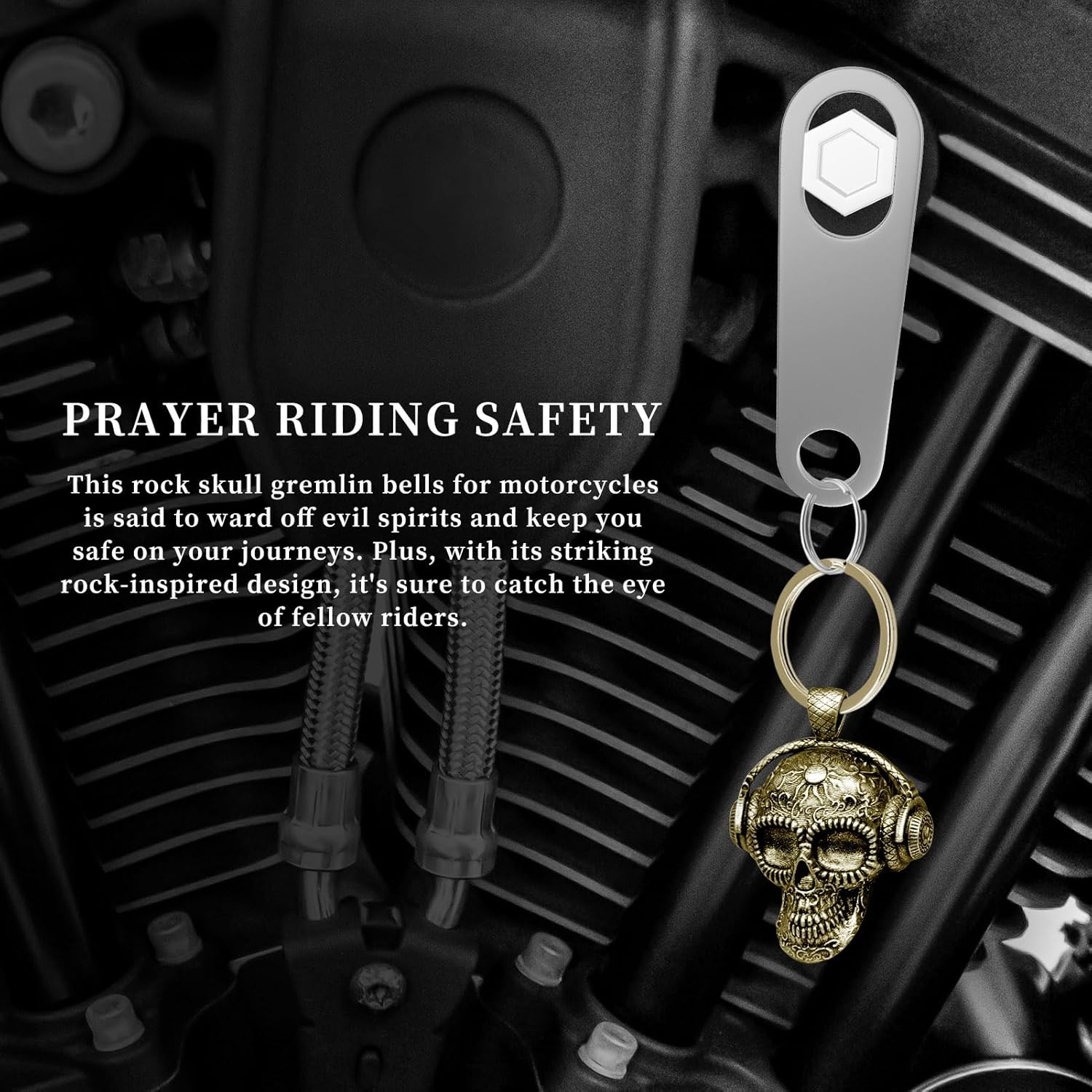 Motorcycle Guardian Luck Bell Rock Skull Biker Gremlin Bell Car Key Chain Ring Accessories with Motorcycle Bell Hanger image number 2