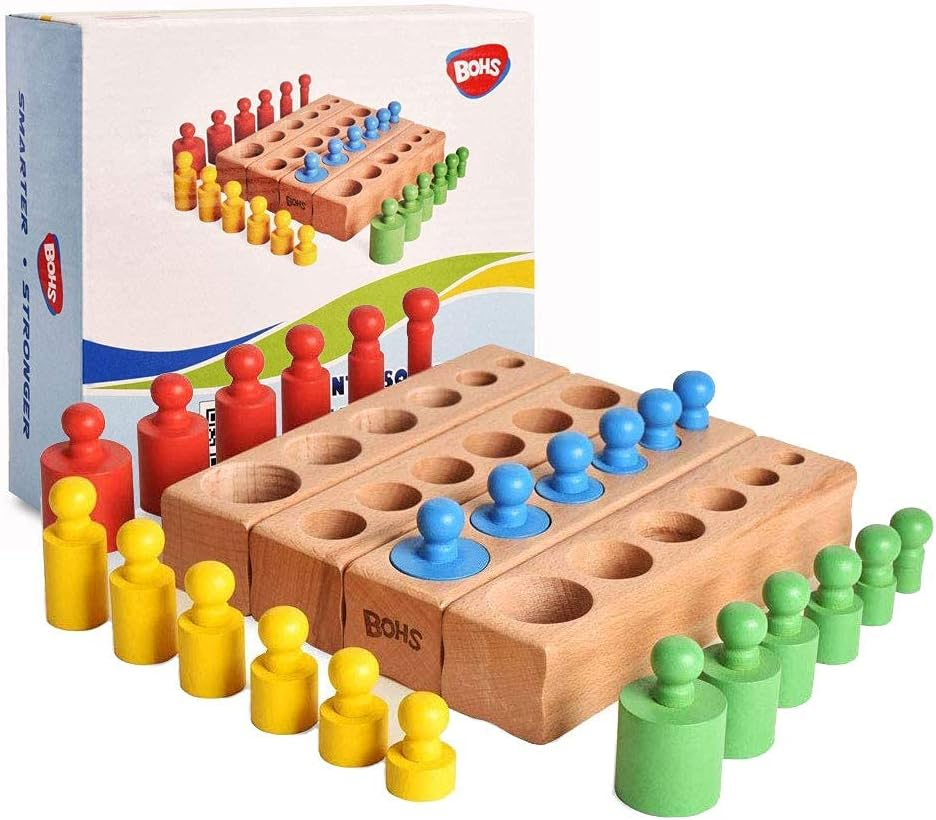BOHS Montessori Knobbed Cylinders Blocks - 6 Pegs / 6.7 Inches - Colorful Wooden Early Home School Toys - 4Pcs Set image number 3