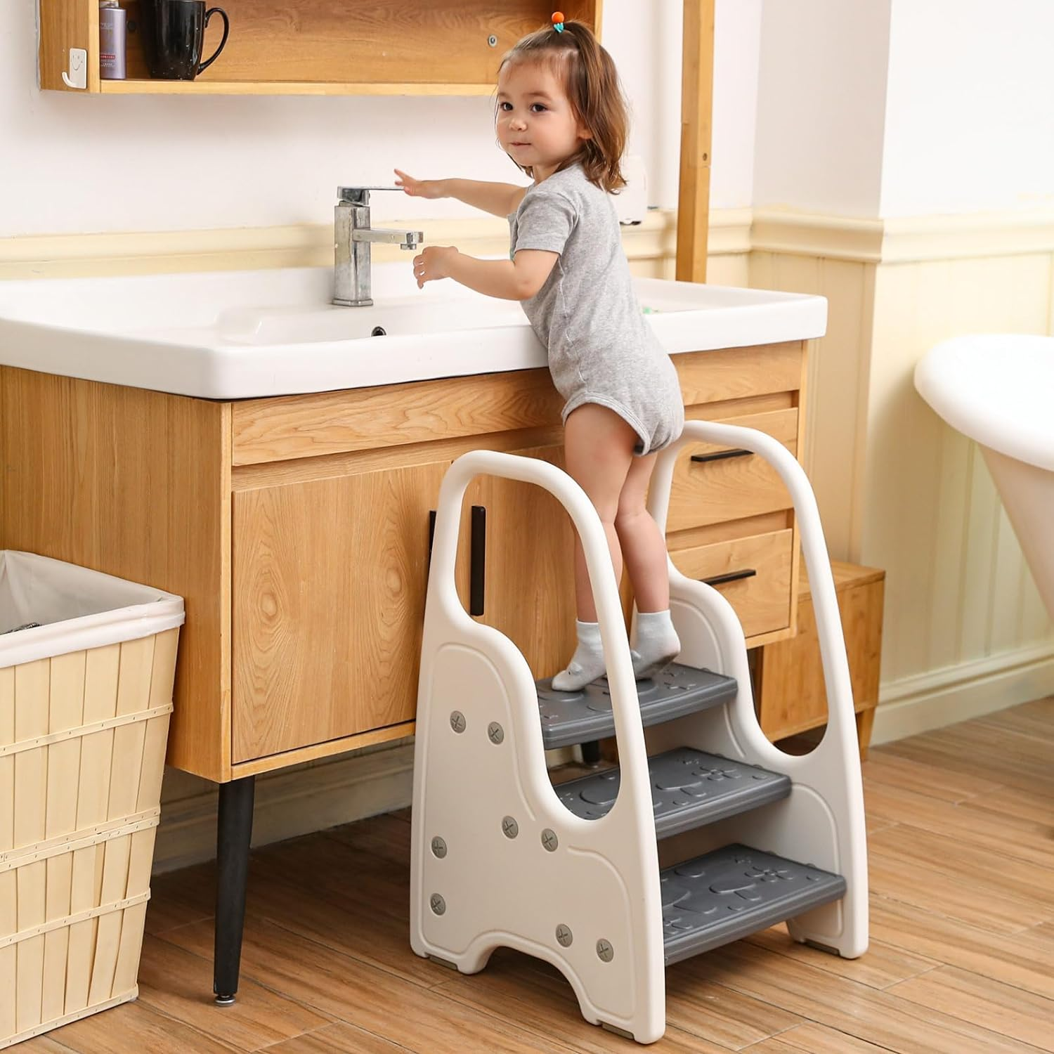 Toddler Step Stool for Bathroom Sink,Adjustable 3 Step Stool for Kids,Kitchen Standing Tower,Children Learning Helper Stool with Safety Handles and Non-Slip Pads,Grey