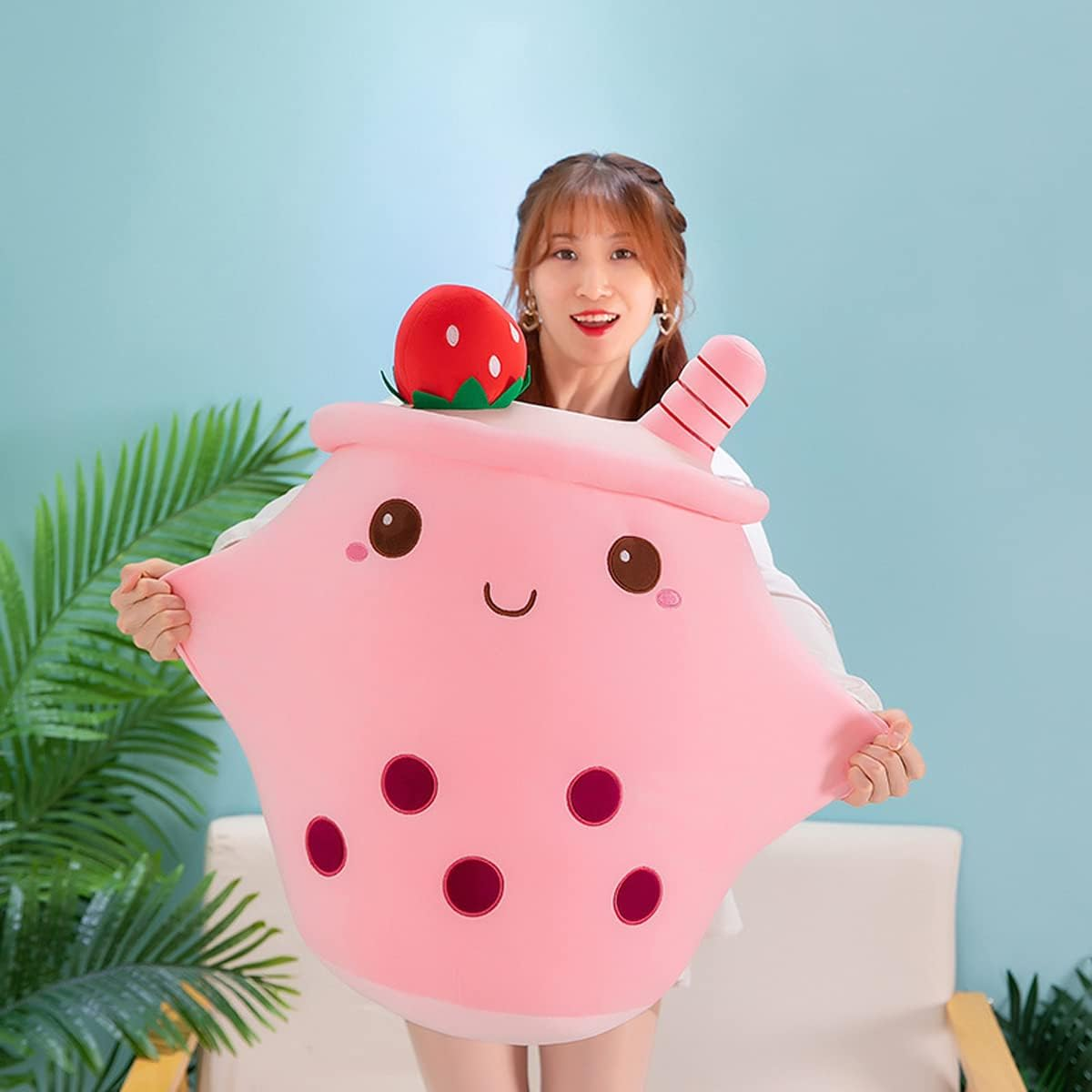 MDXMY Boba Plush Stuffed Bubble Tea Plush Pillow Soft Cute Pearl Milk Tea Hug Pillow(Pink Cream,19.6 Inches) image number 3
